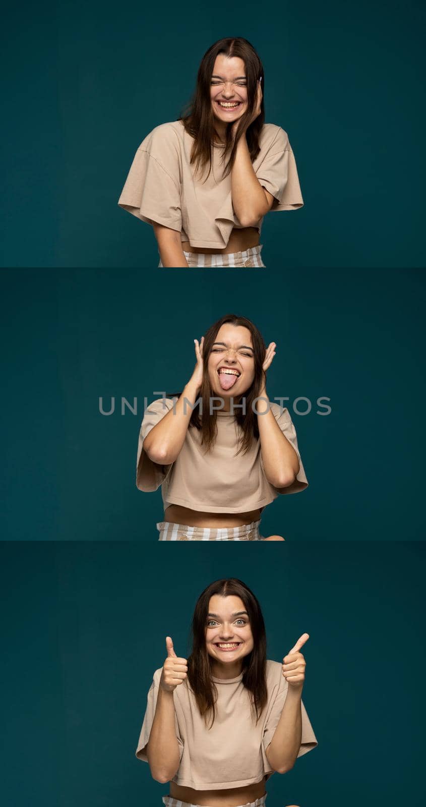 Collage of happy emotions. Set of three portraits of young brunette girl with positive emotions. Female feelings. Young woman grimacing on camera. by vovsht
