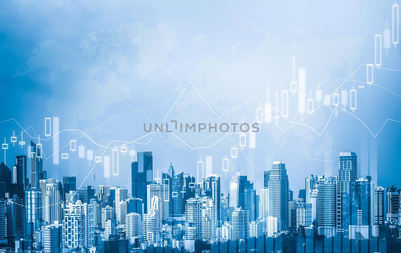 Financial graphs overlap with modernistic urban area for business concept. by biancoblue