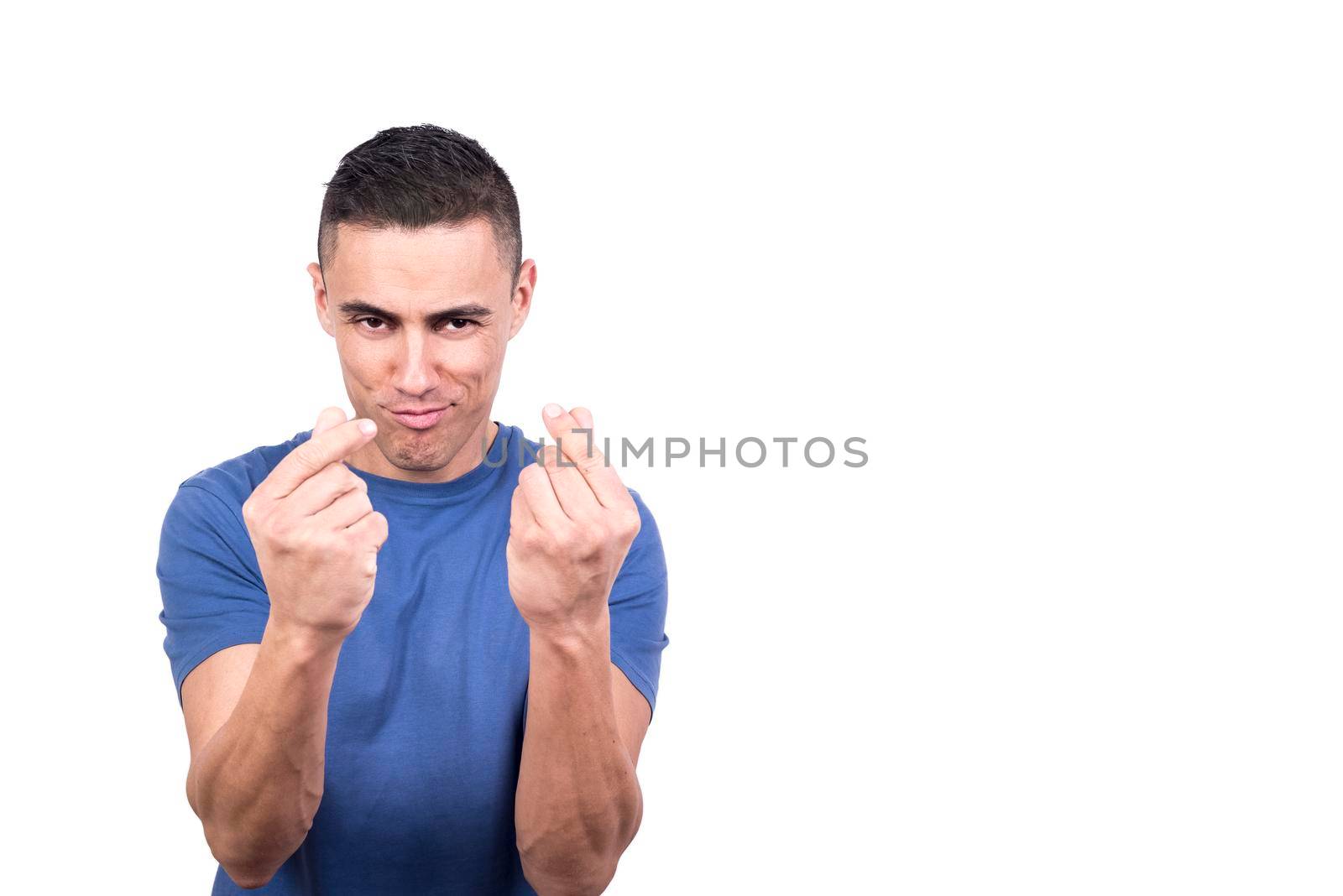 Studio portrait with white background of a man gesturing amount of money with his hands