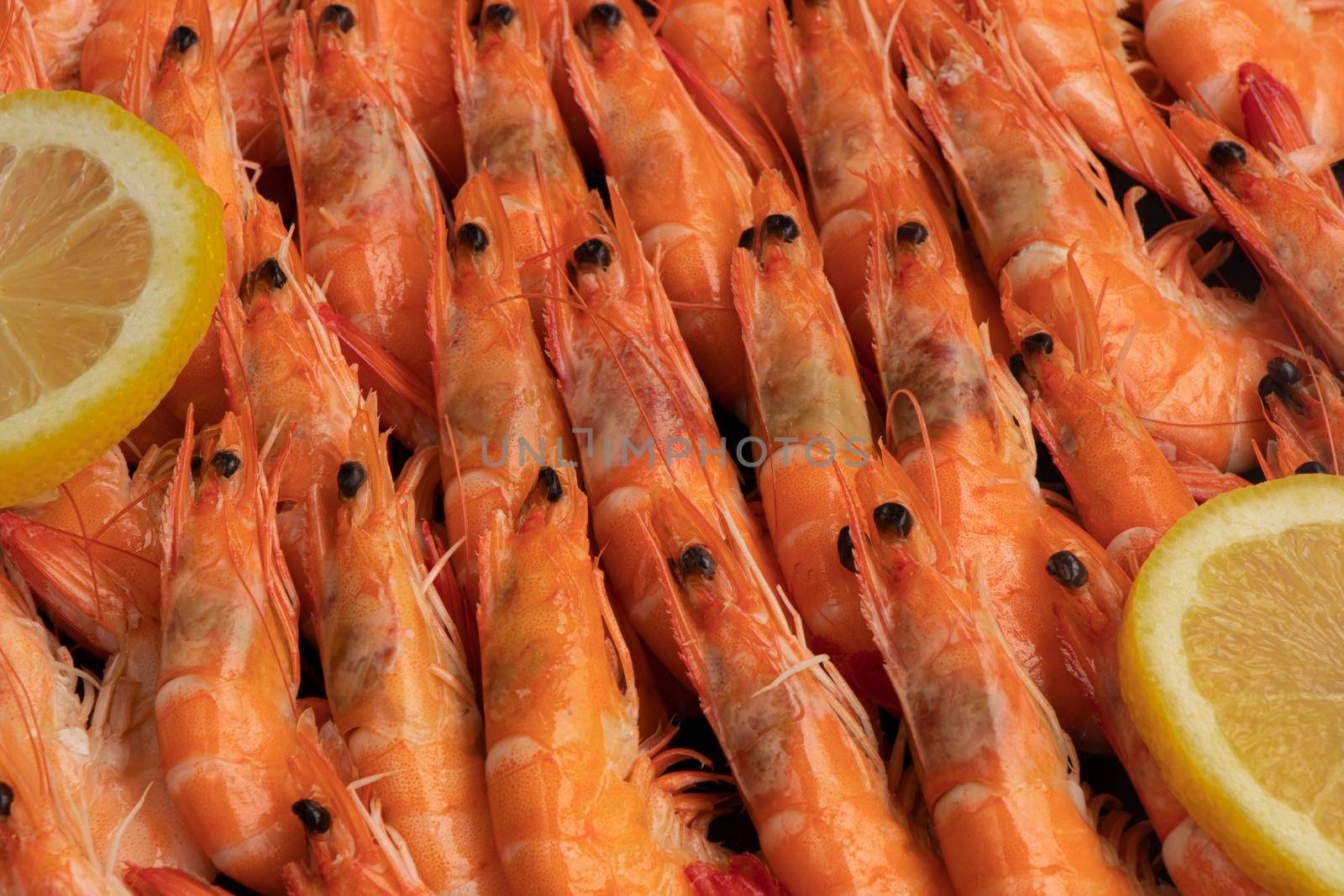 Fresh prawns on display at the supermarket. High quality photo. lie in even rows with lemon slices