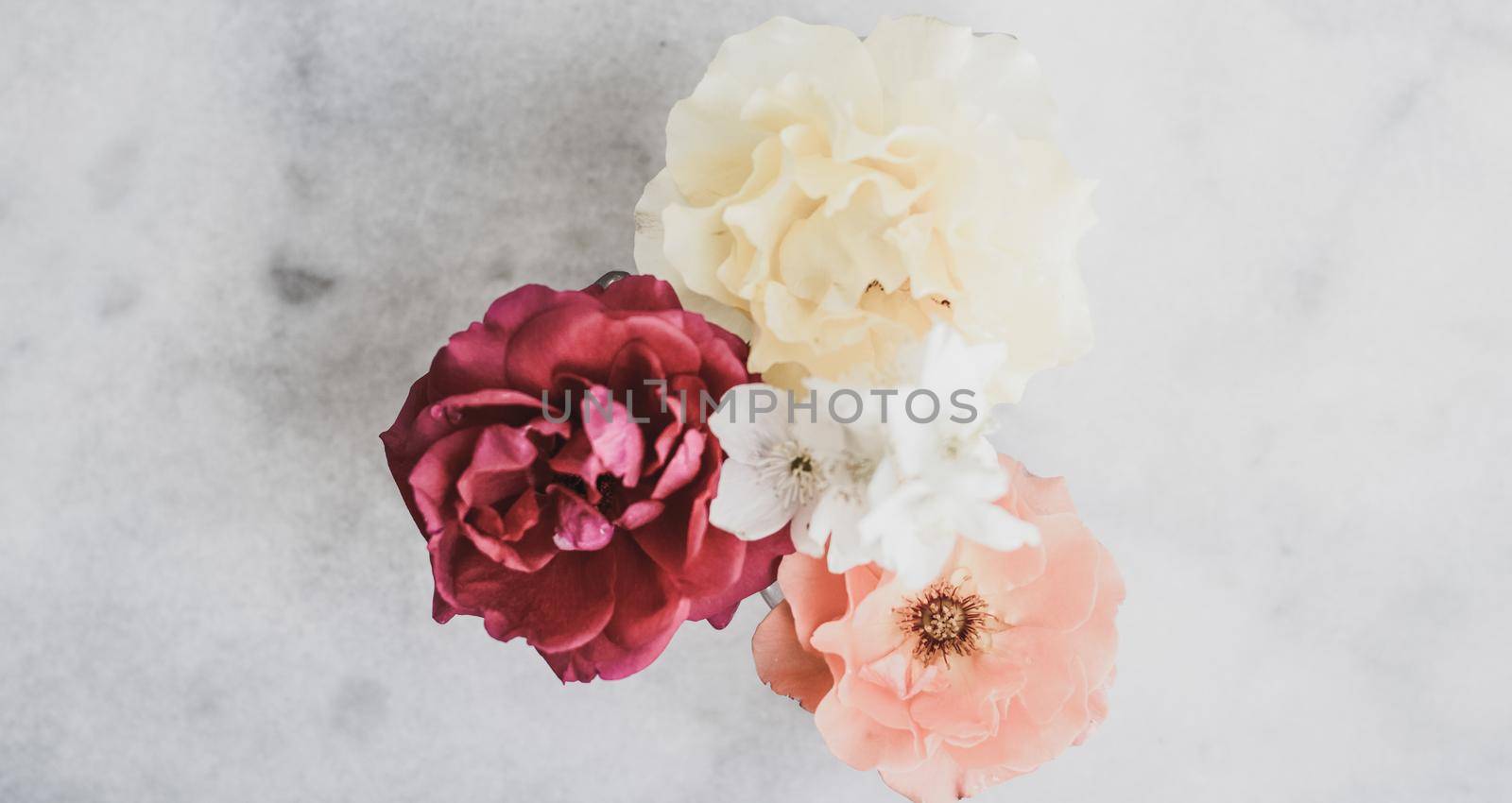 Wedding decor, floral background and beautiful home garden concept - Vintage roses on marble