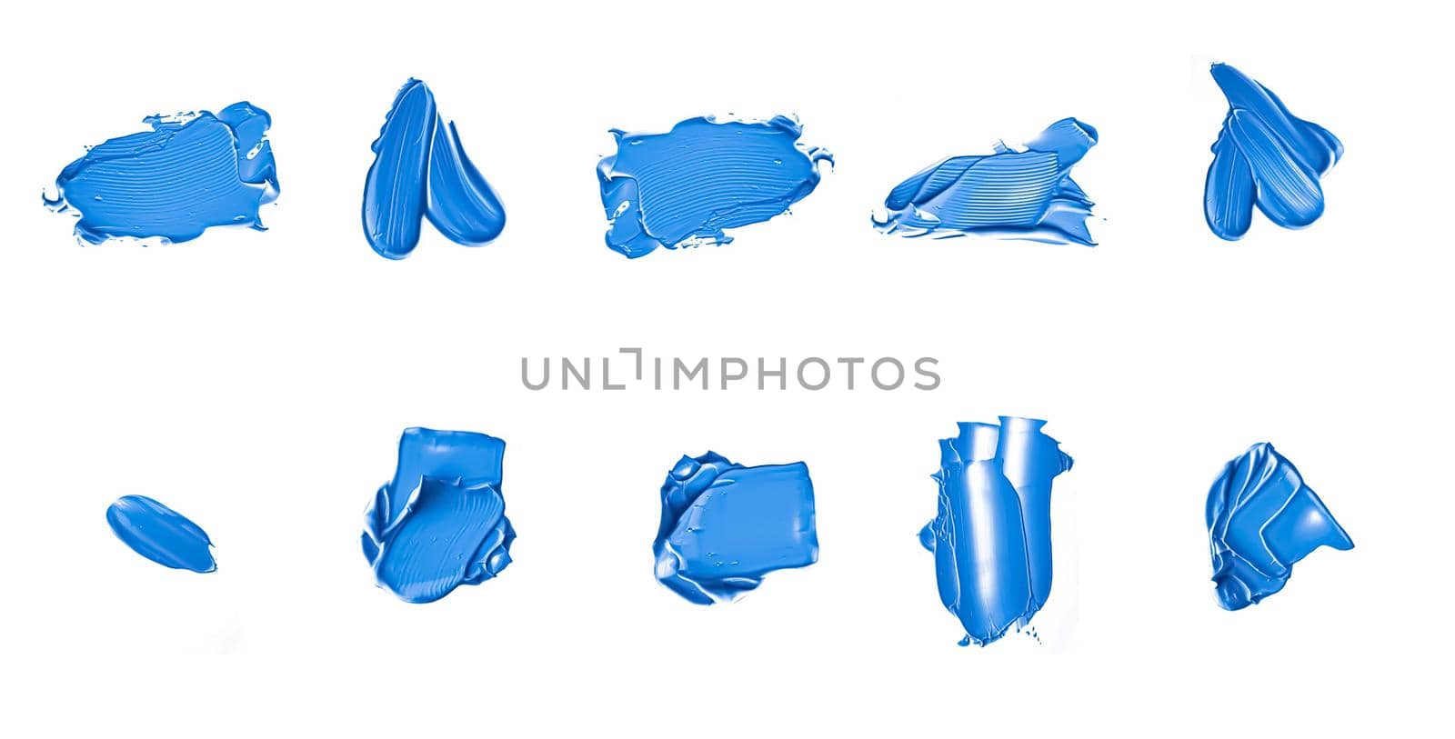 Blue beauty swatches, skincare and makeup cosmetic product sample texture isolated on white background, make-up smudge, cream cosmetics smear or paint brush stroke closeup