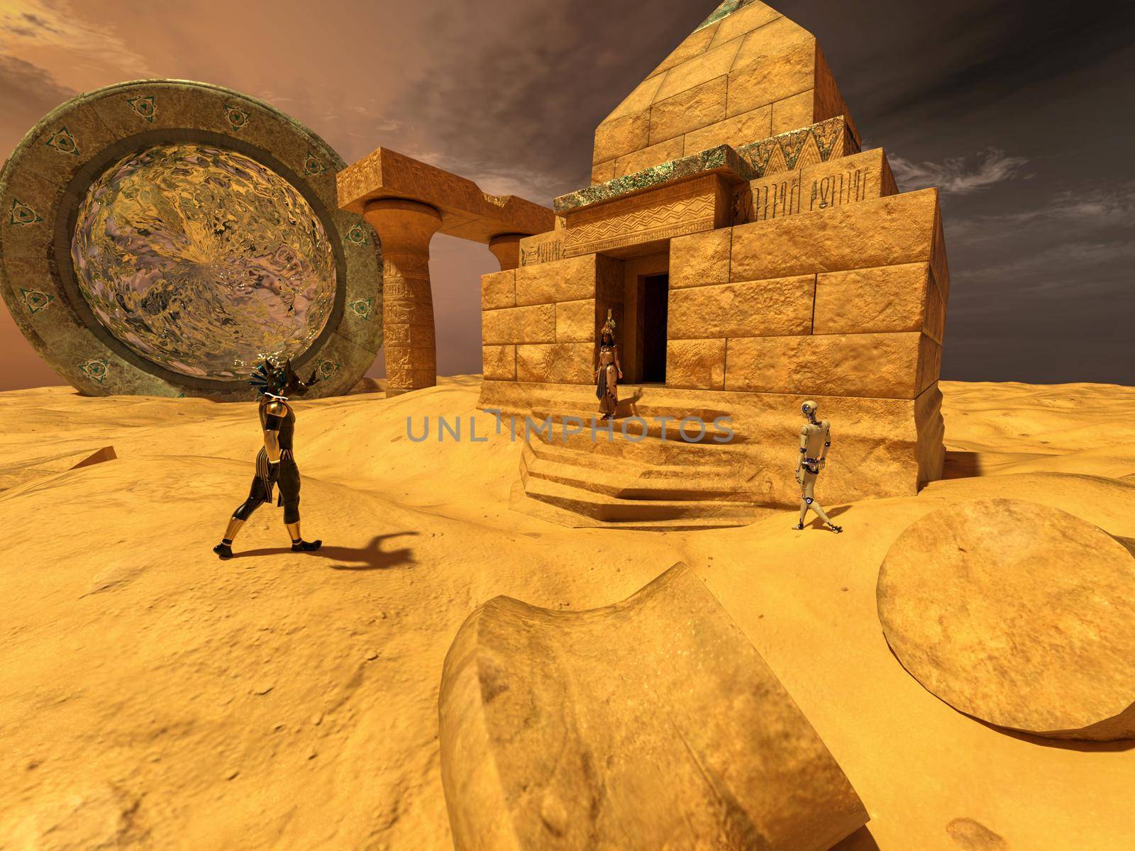 An ancient Egyptian woman watching an alien god and a robot from space gate by ankarb
