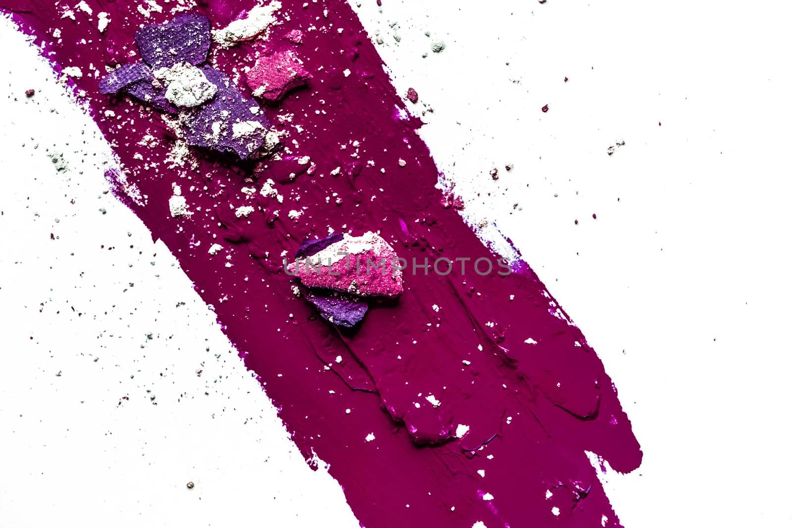 Beauty texture, cosmetic product and art of make-up concept - Artistic lipstick smudge and eyeshadow close-up isolated on white background