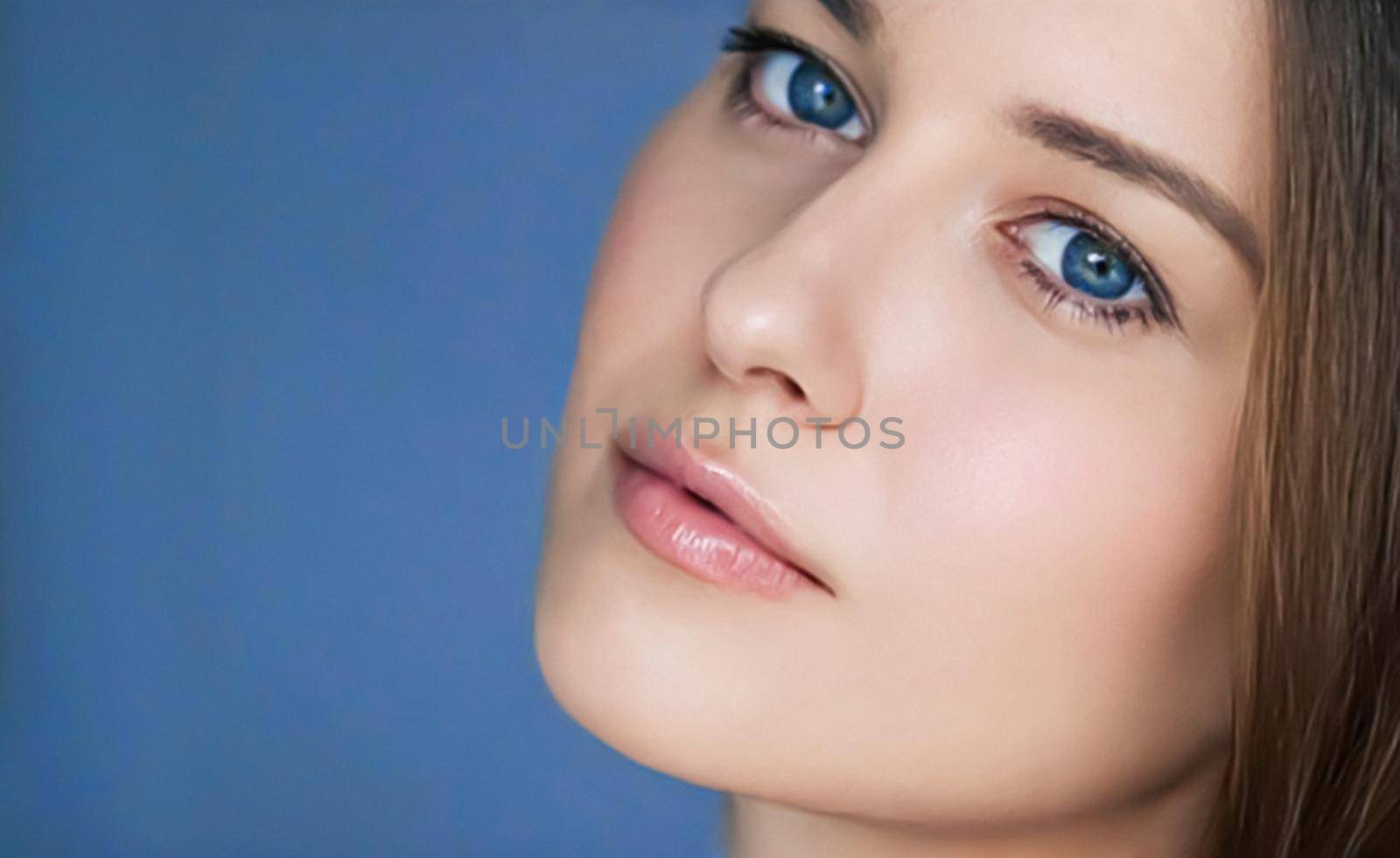 Beauty and skincare, beautiful woman with blue eyes, natural make-up, face portrait close-up