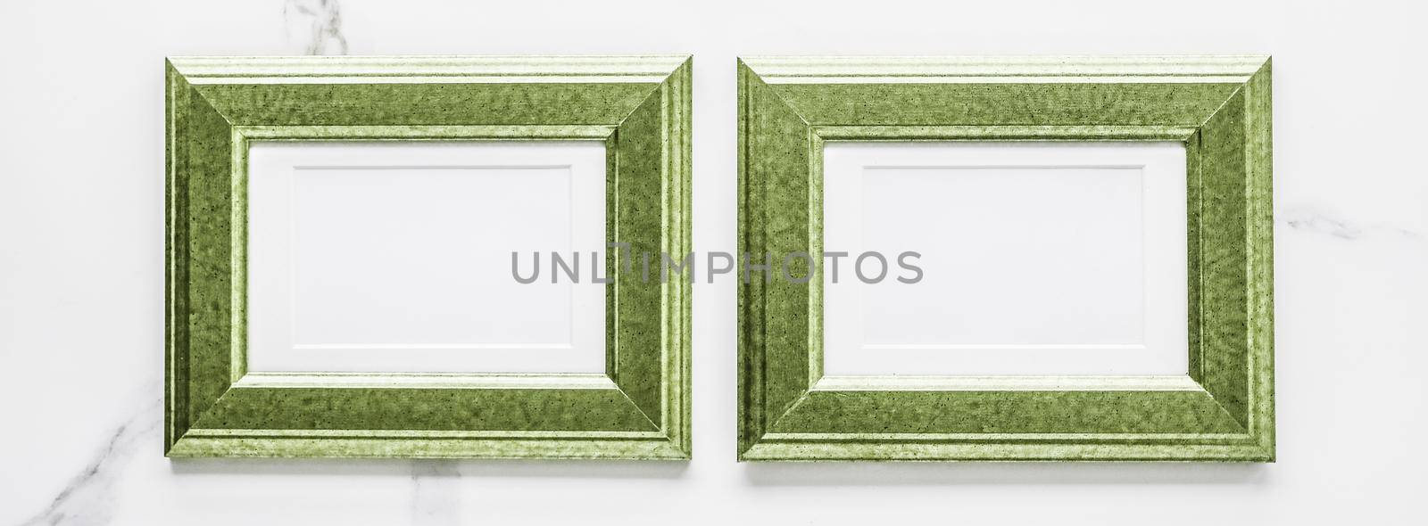 Modern feminine, artwork mock up, luxury design concept. Decorate with chic and style - Green photo frame on marble, flatlay