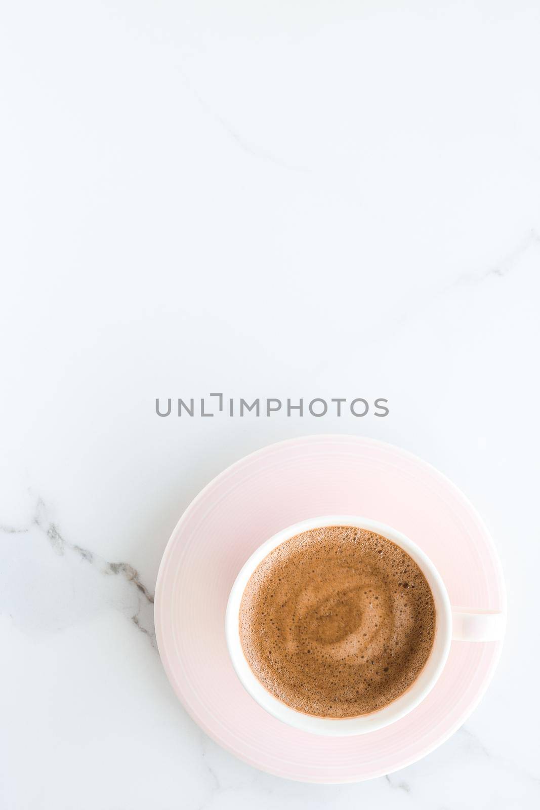 Hot aromatic coffee on marble, flatlay by Anneleven