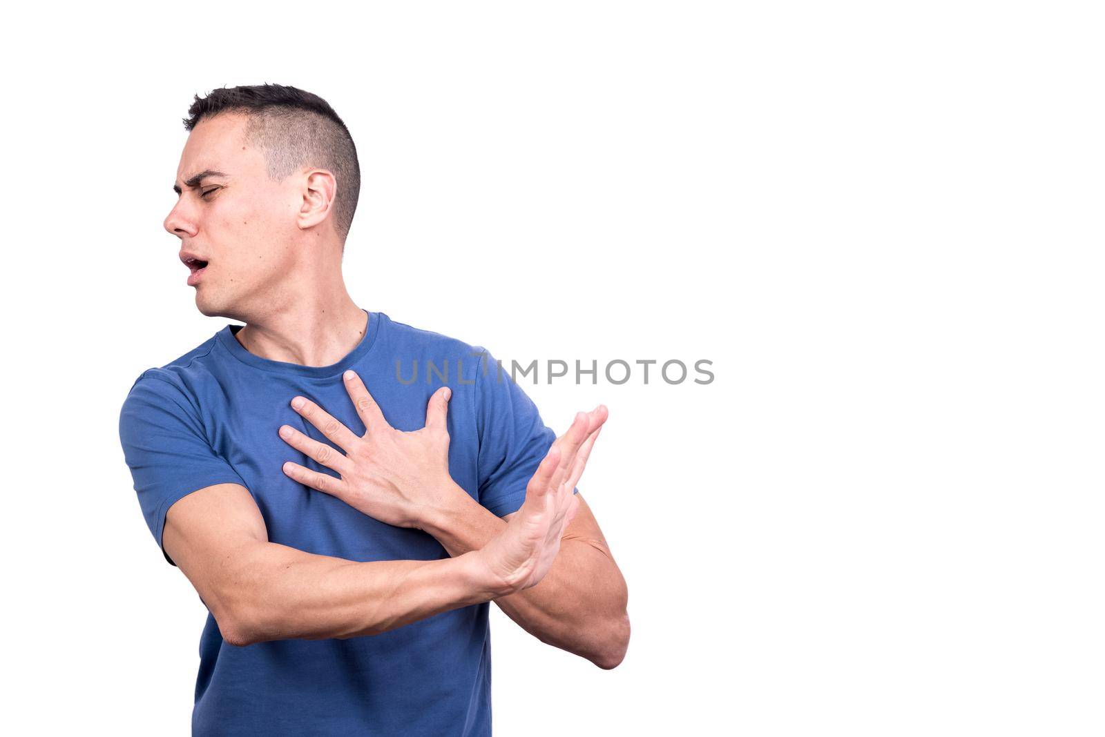Studio portrait with white background of a man with a wounded heart gesturing to reject something