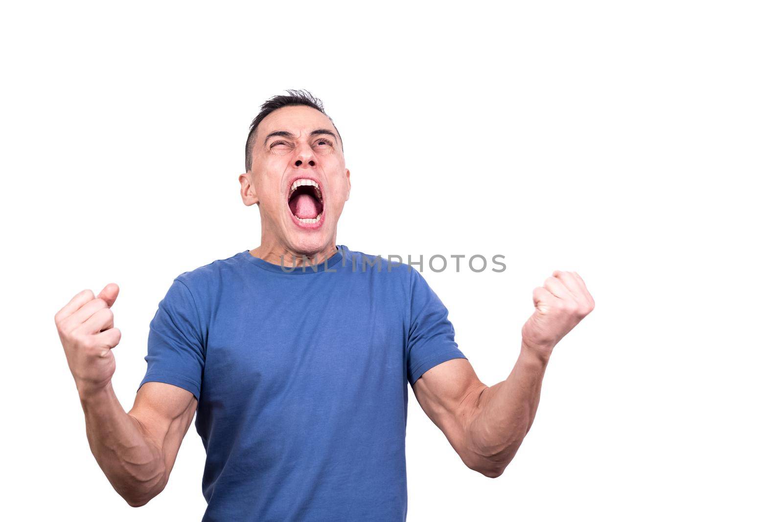 Studio photo with white background of a man shouting angrily while gesturing with hands up