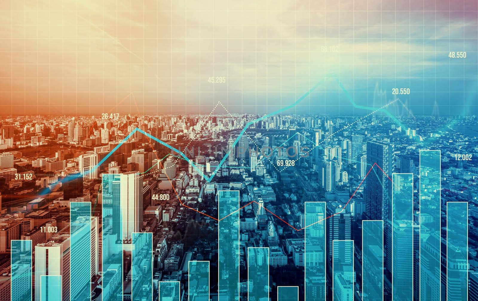 Financial graphs and digital indicators overlap with modernistic urban area, skyscrabber for stock market business concept. Double exposure.