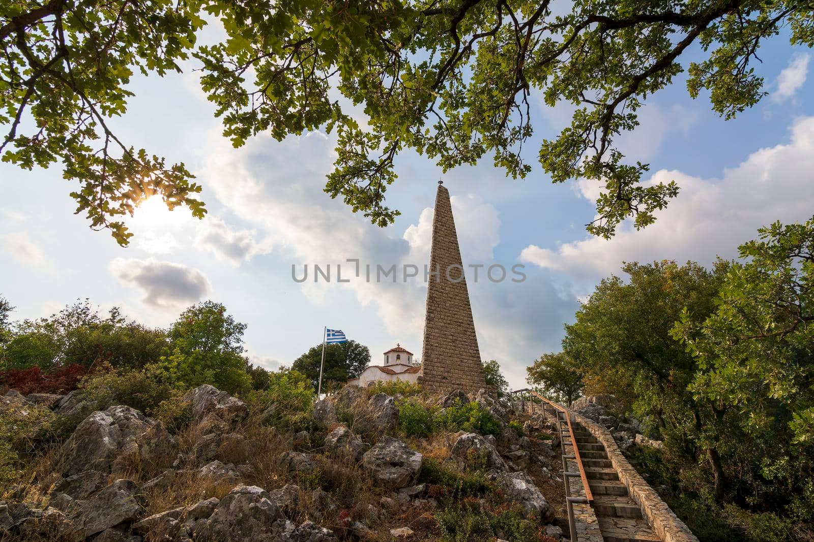 View of the Tumulus in memory of the men of the historical Battle of Maniaki and the great sacrifice of Papaflessas against the Egyptian forces led by Ibrahim in 1825 at Maniaki Tambouria Greece.