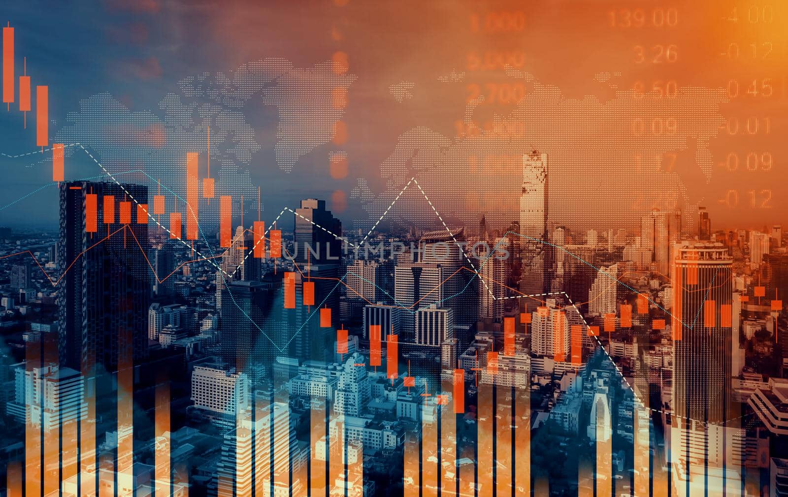 Economic crisis concept shown by declining graphs and digital indicators overlap modernistic city background. Double exposure.