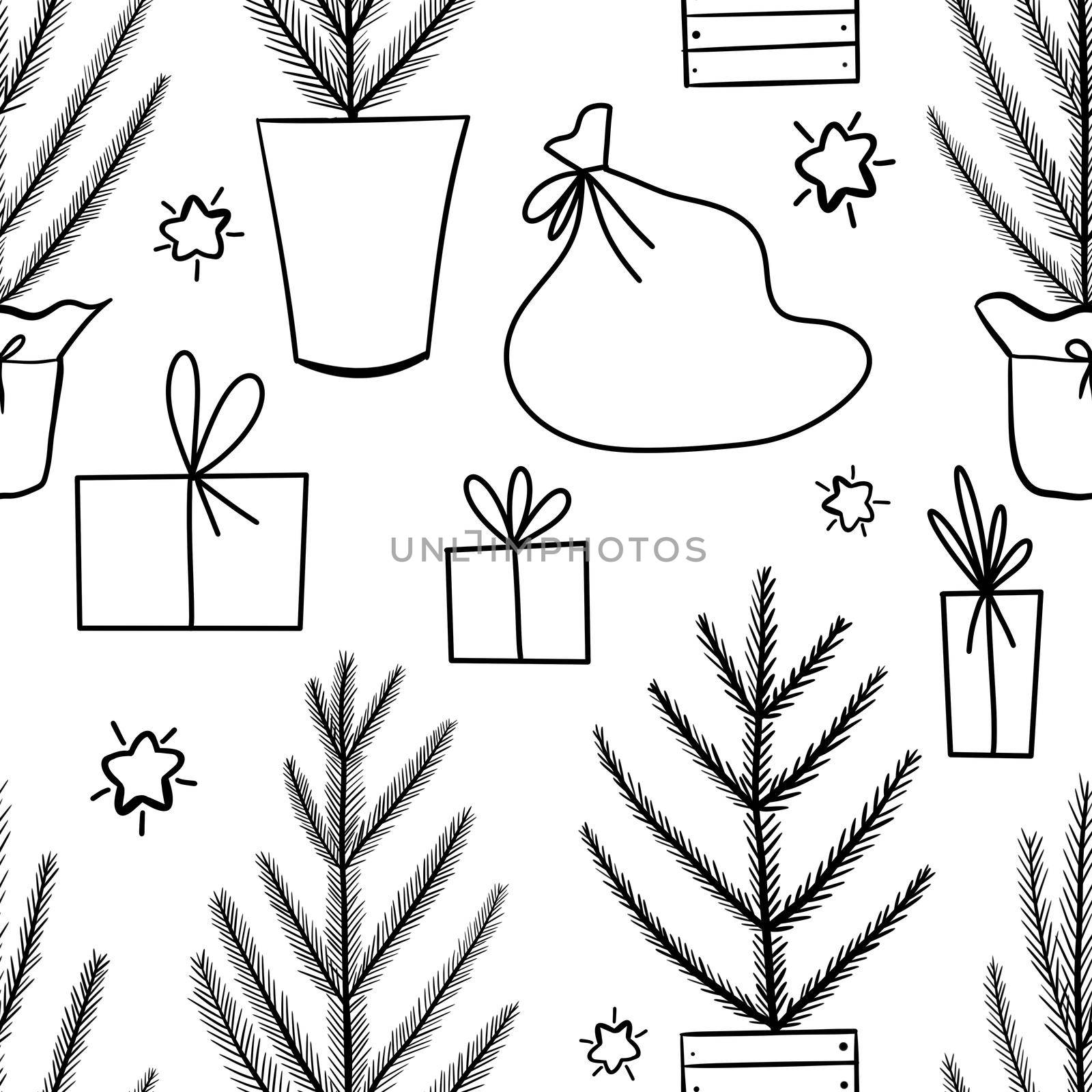 Hand drawn black and white seamless pattern with Christmas winter trees ornaments. Nordic Scandinavian new year december simple one line minimalist design, cute fabric print, cartoon doodle style. by Lagmar