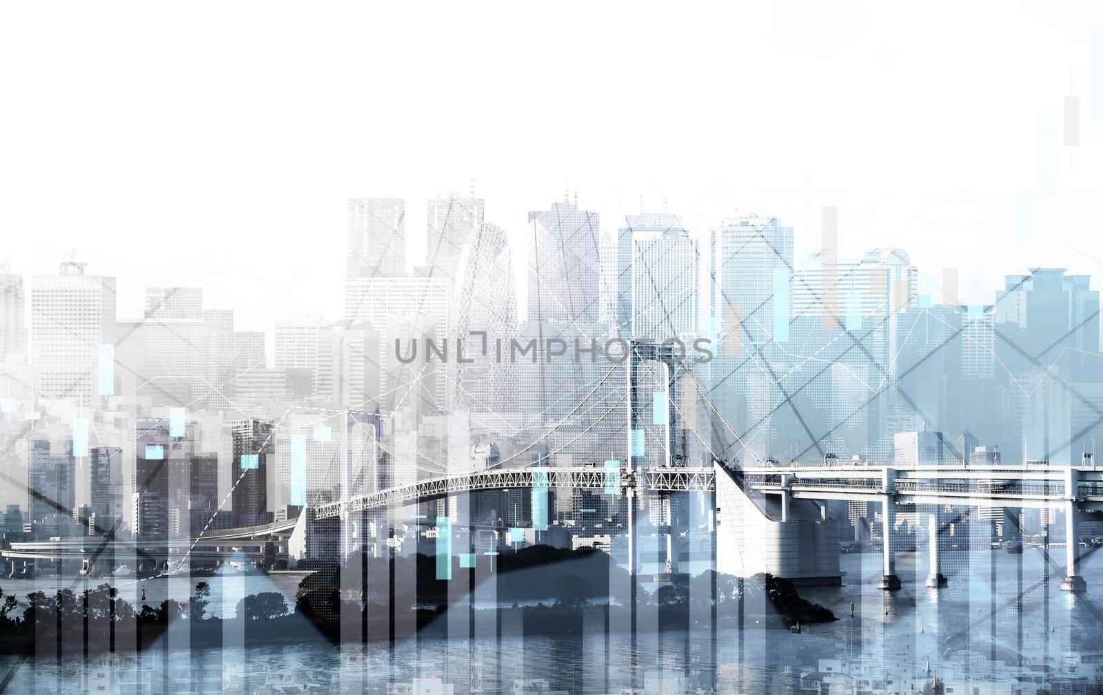 Digital screen and graph overlap modernistic cityscape for business concept. by biancoblue