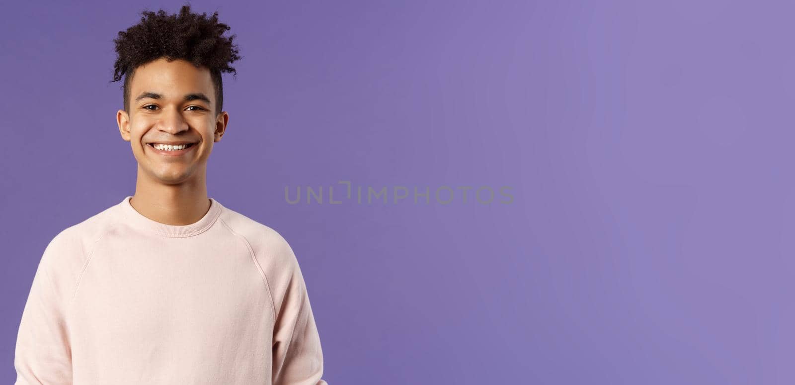 Close-up portrait of cheerful young hipster guy with dreads, smiling optimistic and delighted, standing purple background, having lucky good day, express positivity and joy by Benzoix