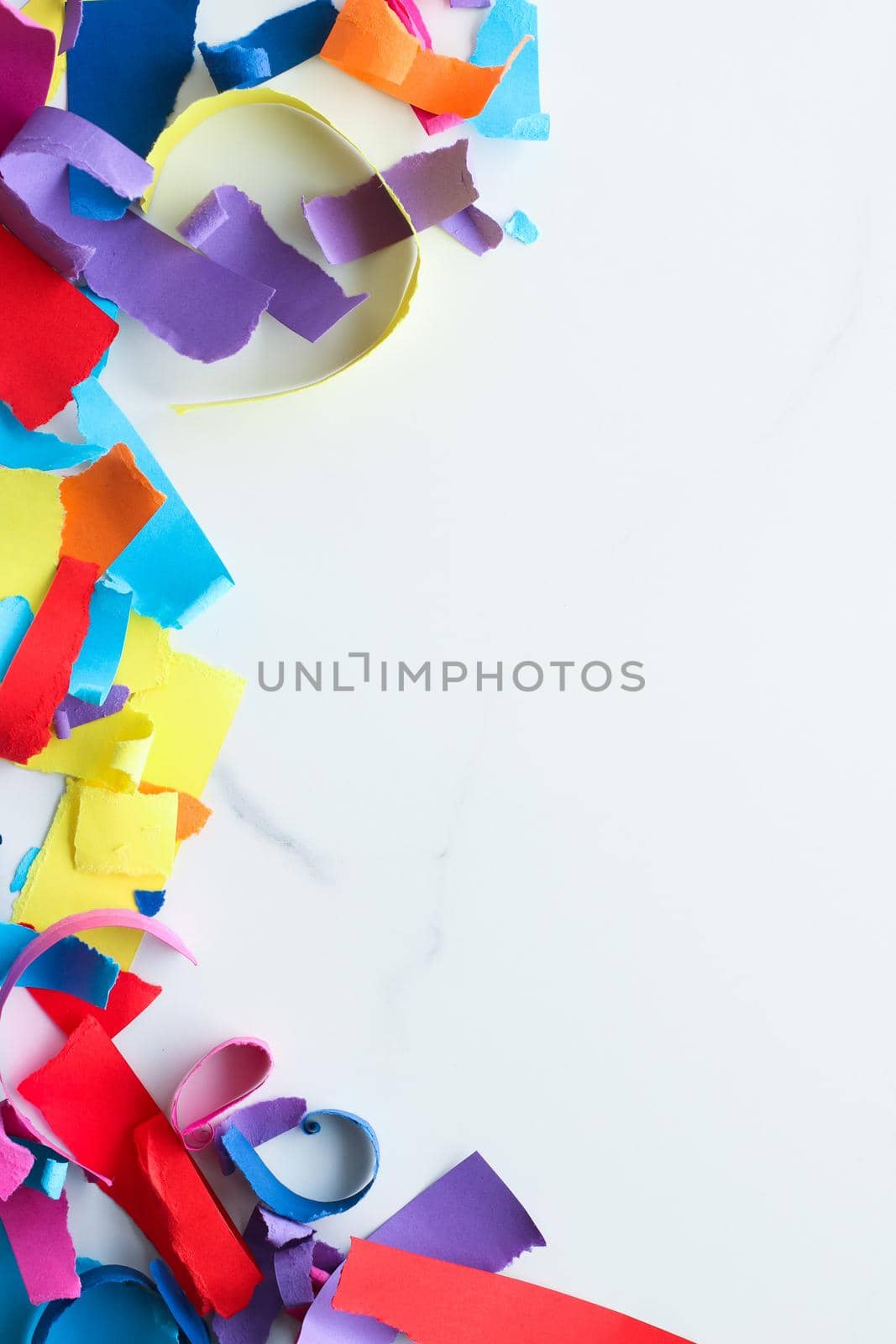 Holiday decor, creative design and party concept - Paper confetti on marble, flatlay background