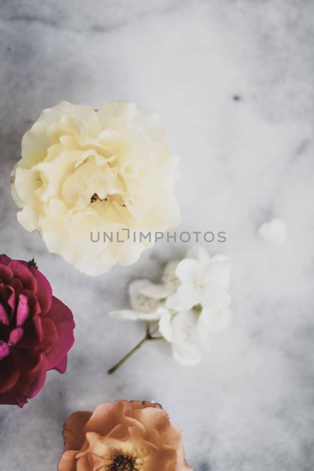 Wedding decor, floral background and beautiful home garden concept - Vintage roses on marble