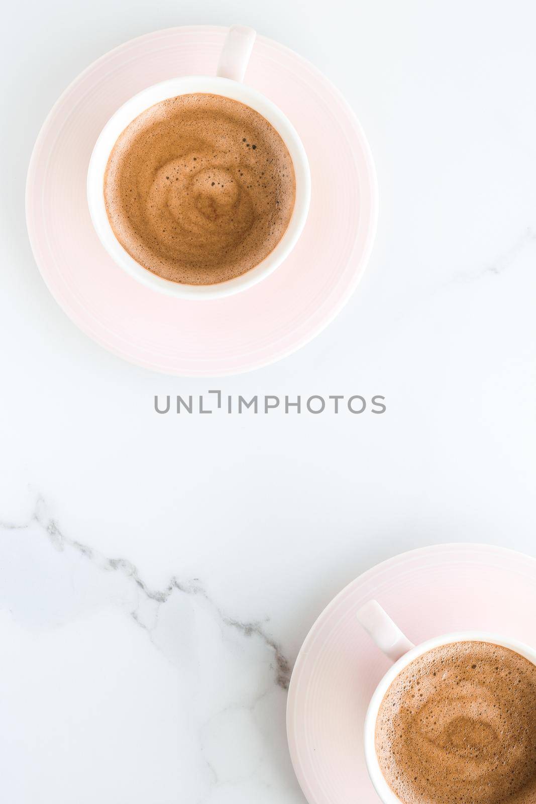 Breakfast, drinks and modern lifestyle concept - Hot aromatic coffee on marble, flatlay
