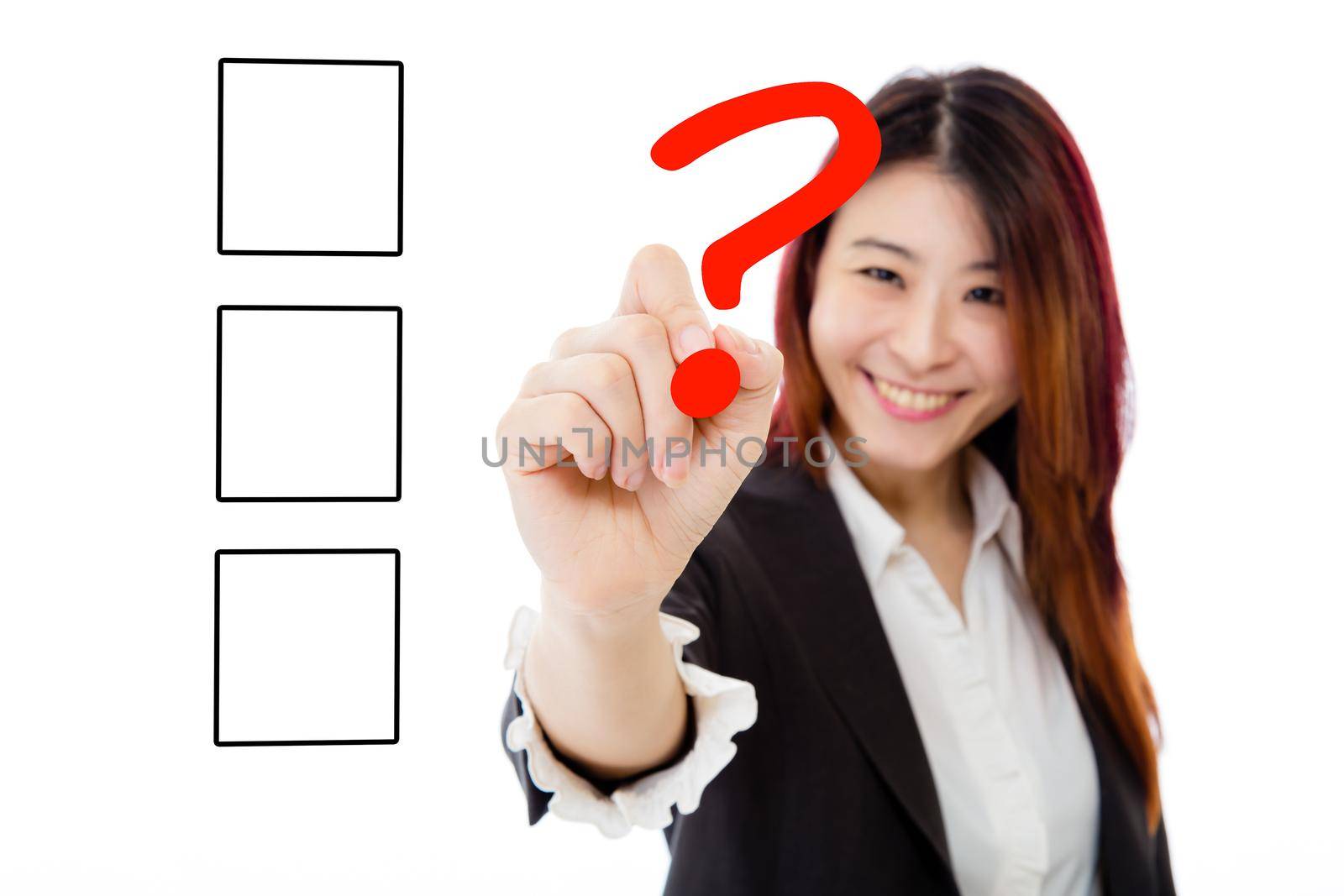 Asian businesswoman deciding on checkbox on virtual screen