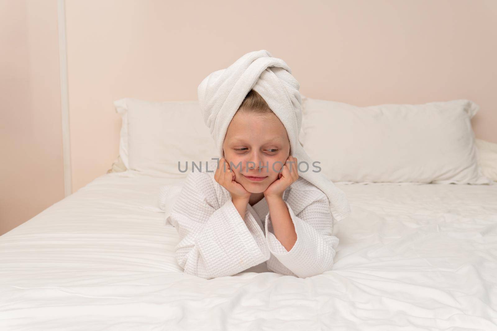 Elbows smile copyspace bathrobe coffee Creek bed girl cute hygiene, concept woman dressing for happy for caucasian style, child bathing. Care funny fashion,