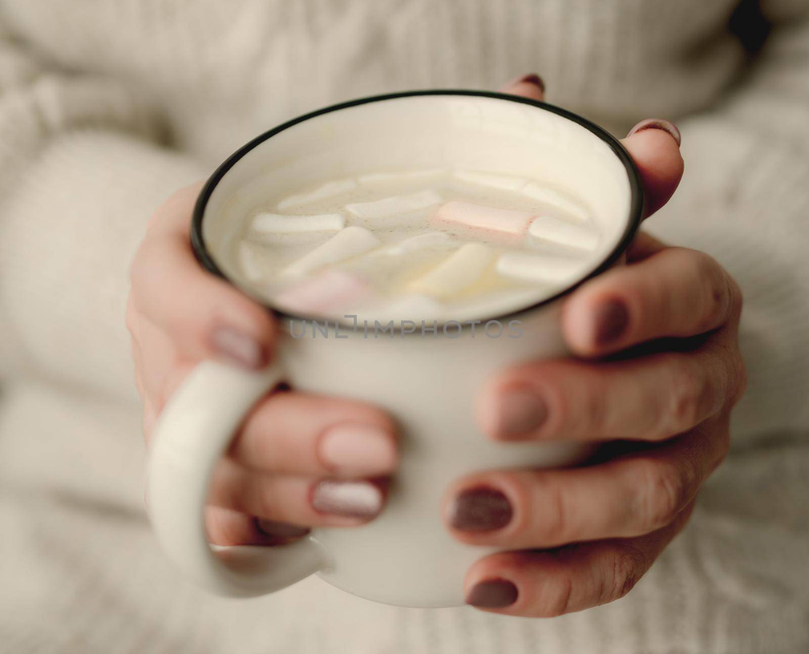 Girl hands holding mug filled with cocoa and marshmallow. Cozy closeup portrait of woman with warm beverage in cup in winter time at home