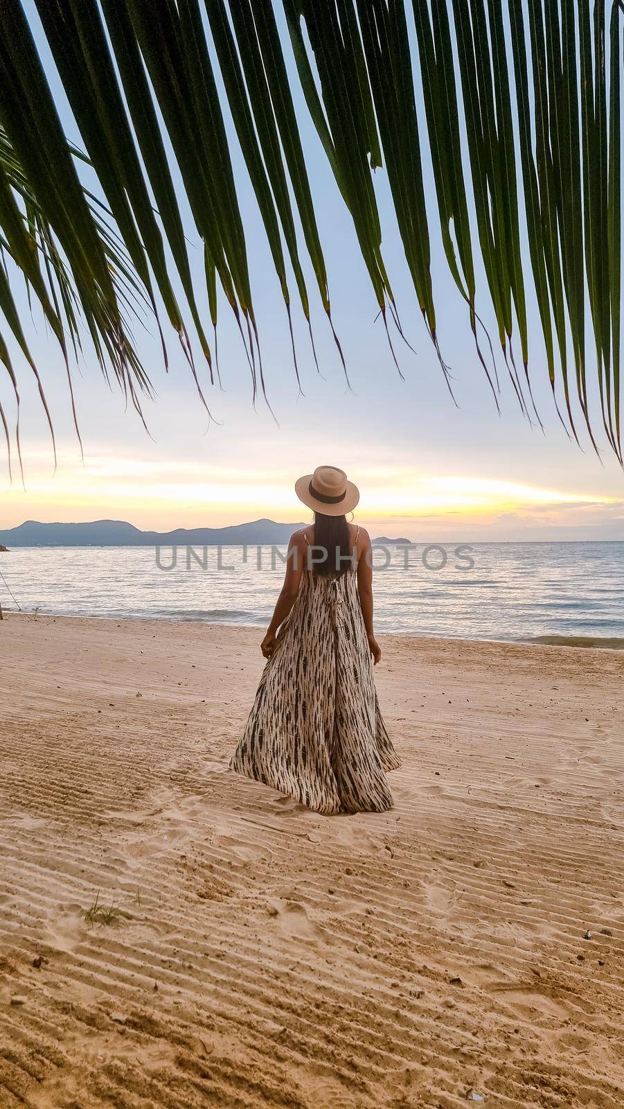 Women are watching the sunset in a hammock on Pattaya beach during sunset in Thailand Ban Amphur beach. Asian women walking on a tropical beach with palm trees and hammocks during sunset