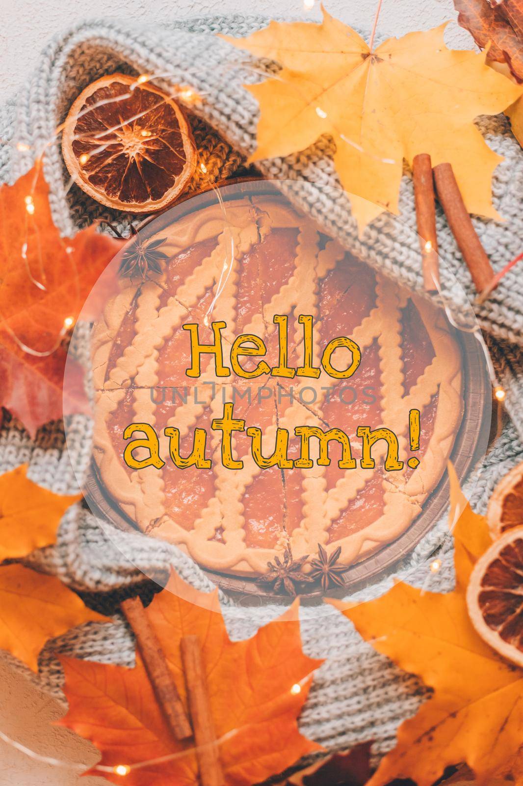 Banner hello autumn . cozy vibes . A new season. Autumn leaves. An article about autumn. Autumn pie. Jam pie