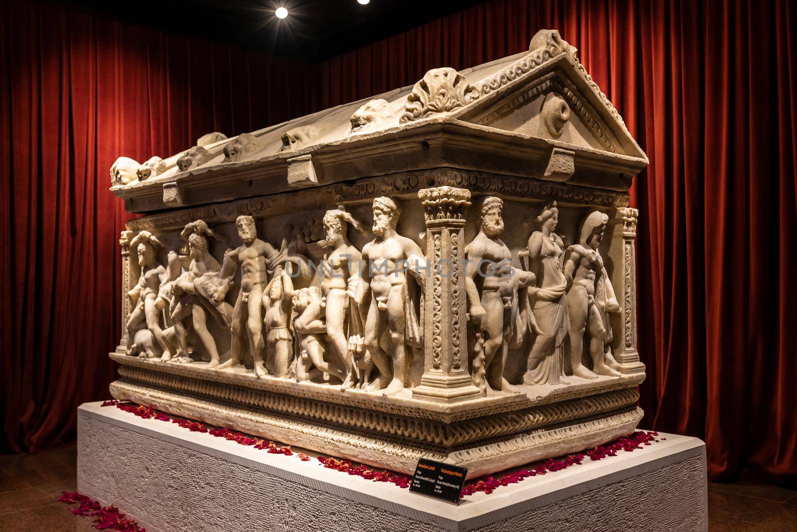 ANTALYA, TURKEY - JANUARY 18, 2020: The Heracles Sarcophagus. Antalya Archeological Museum is one of Turkey's largest museums located in Antalya city in Turkey