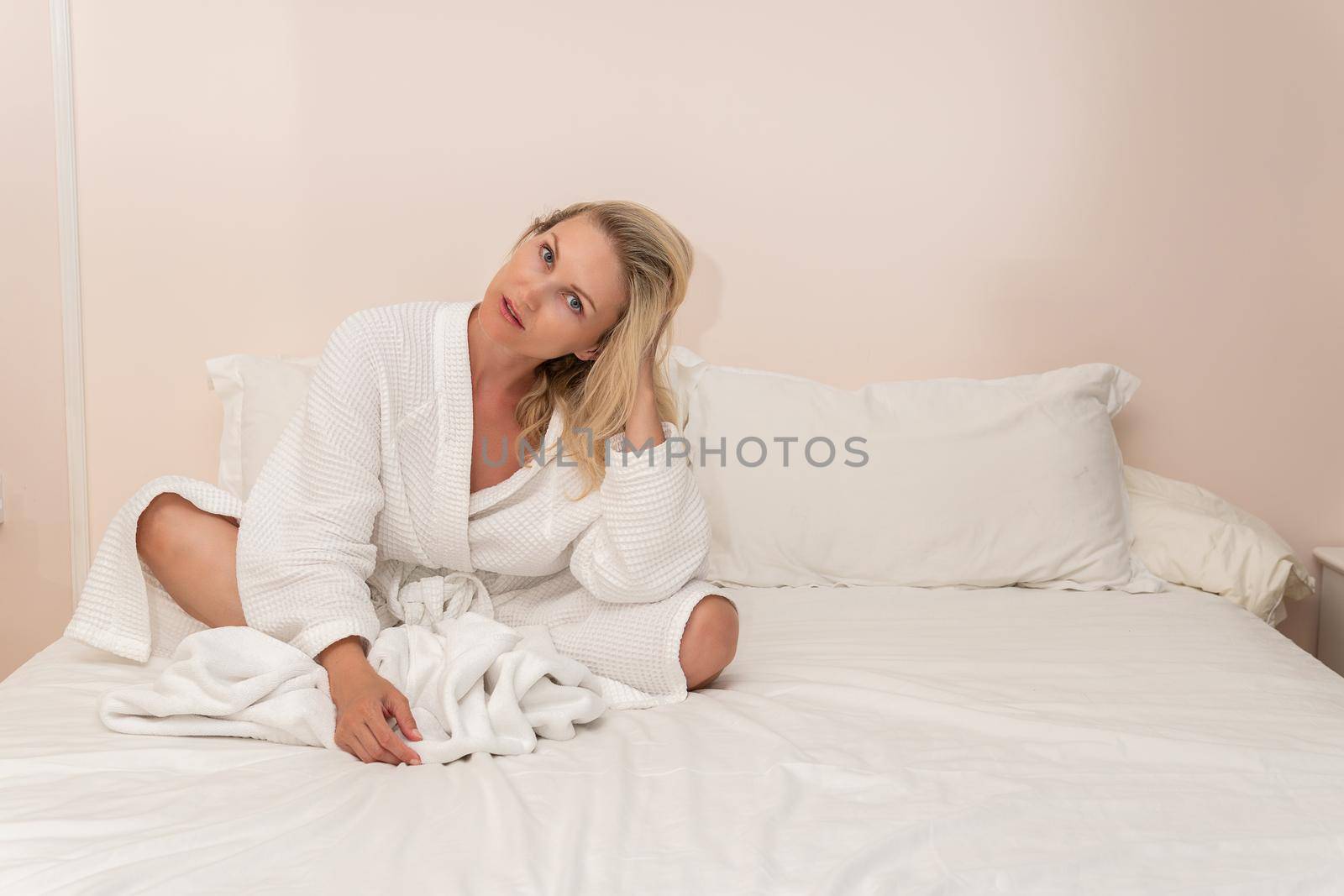 Blonde copyspace bed cell beauty spa female bathrobe hotel lady, concept unrecognizable modern for home from caucasian relaxation, girl robe. Interior therapy positive,