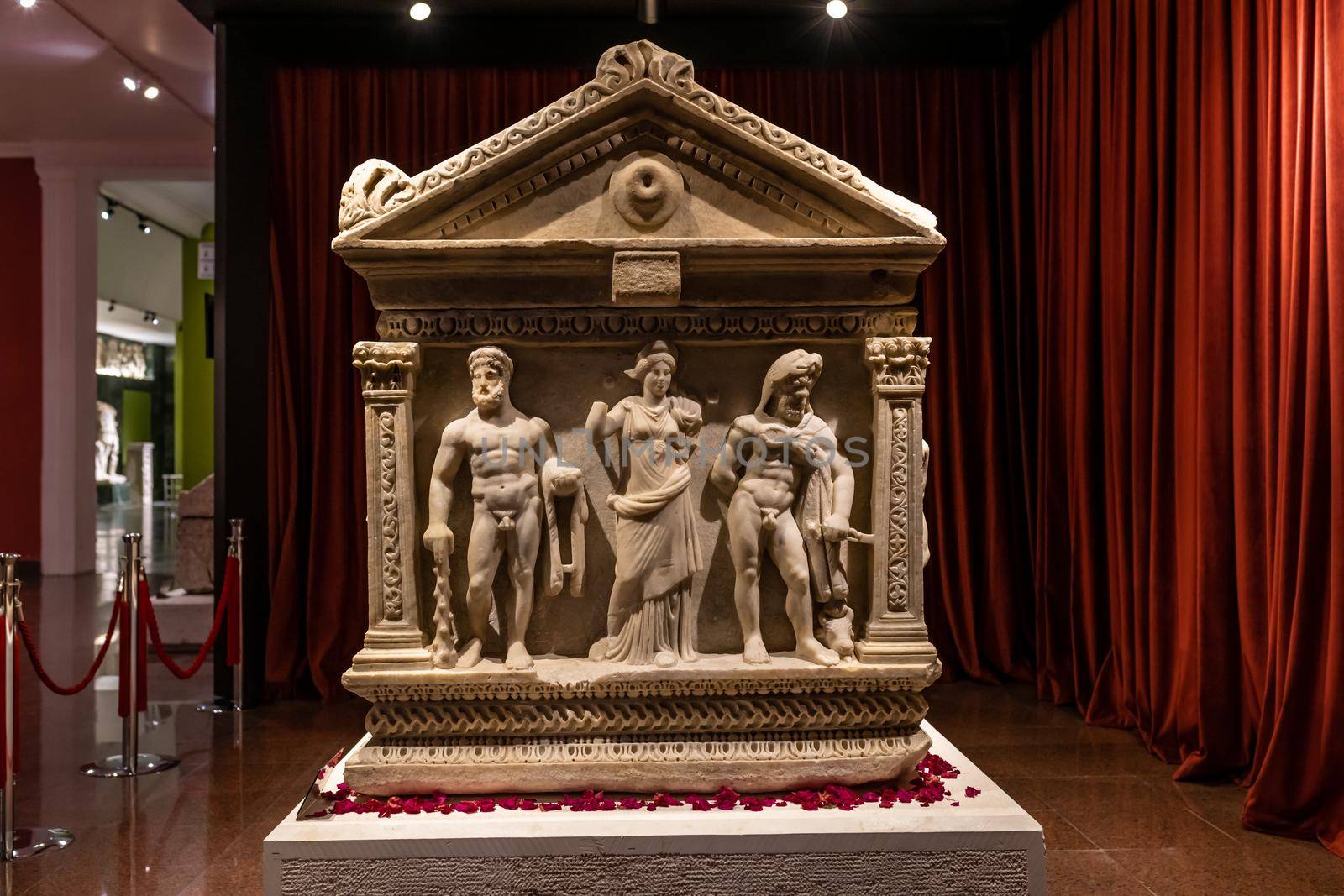 ANTALYA, TURKEY - JANUARY 18, 2020: The Heracles Sarcophagus. Antalya Archeological Museum is one of Turkey's largest museums located in Antalya city in Turkey