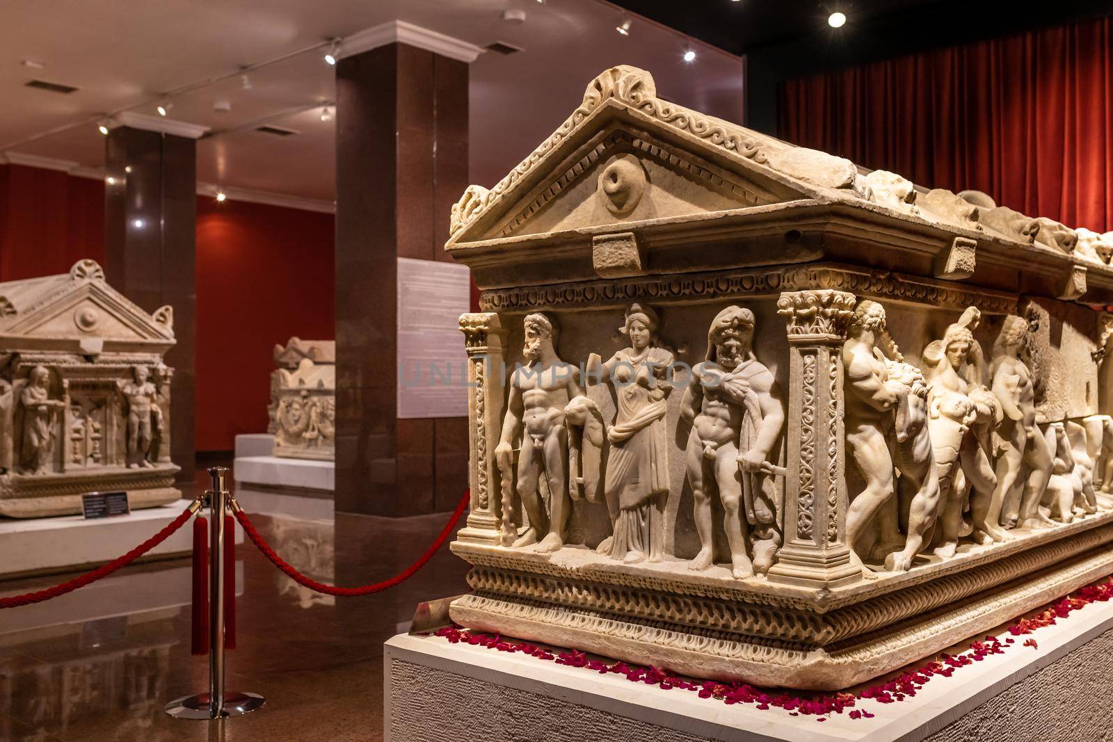 ANTALYA, TURKEY - JANUARY 18, 2020: The Heracles Sarcophagus. Antalya Archeological Museum is one of Turkey's largest museums located in Antalya city in Turkey