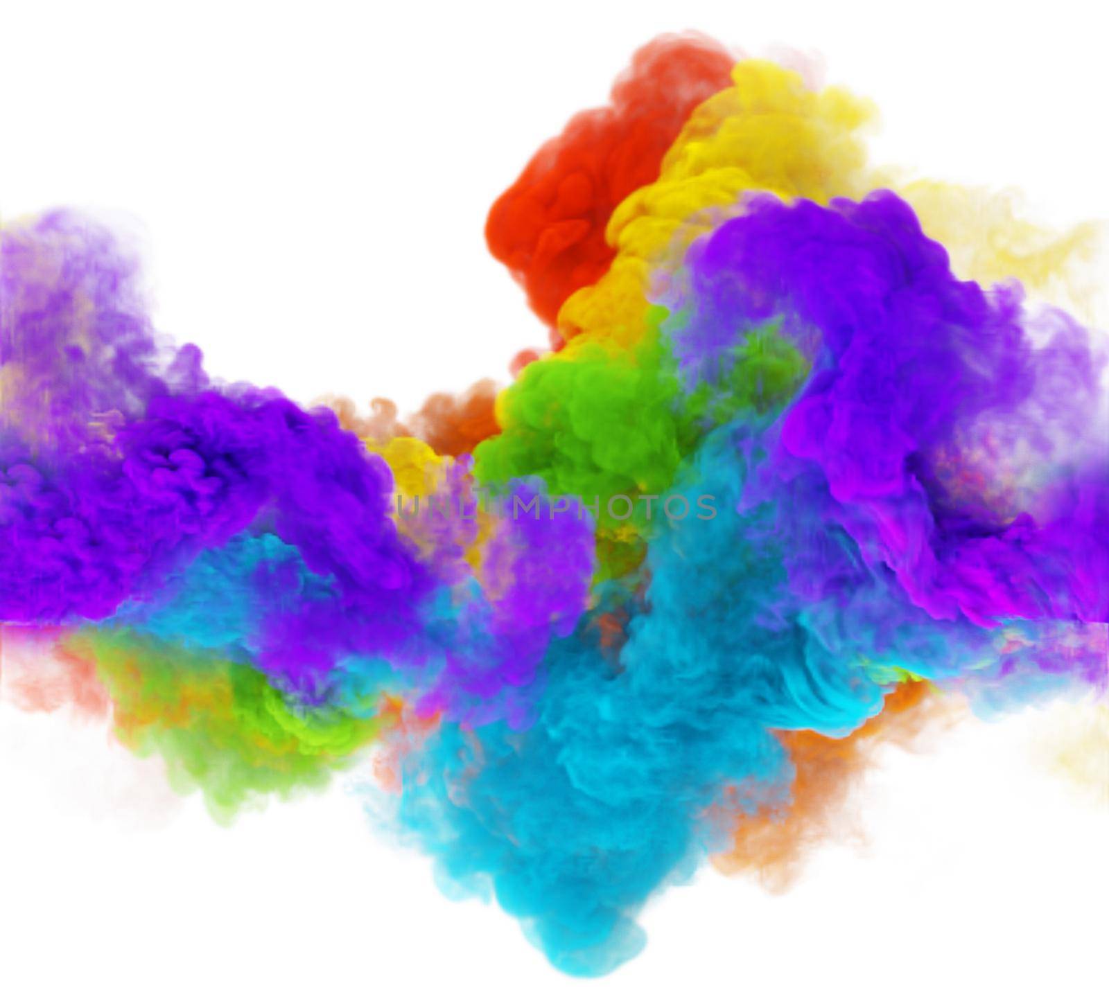 Heaven clouds of colored rainbow smoke. Color 3D render abstract texture in white background. Fog mistique puffs