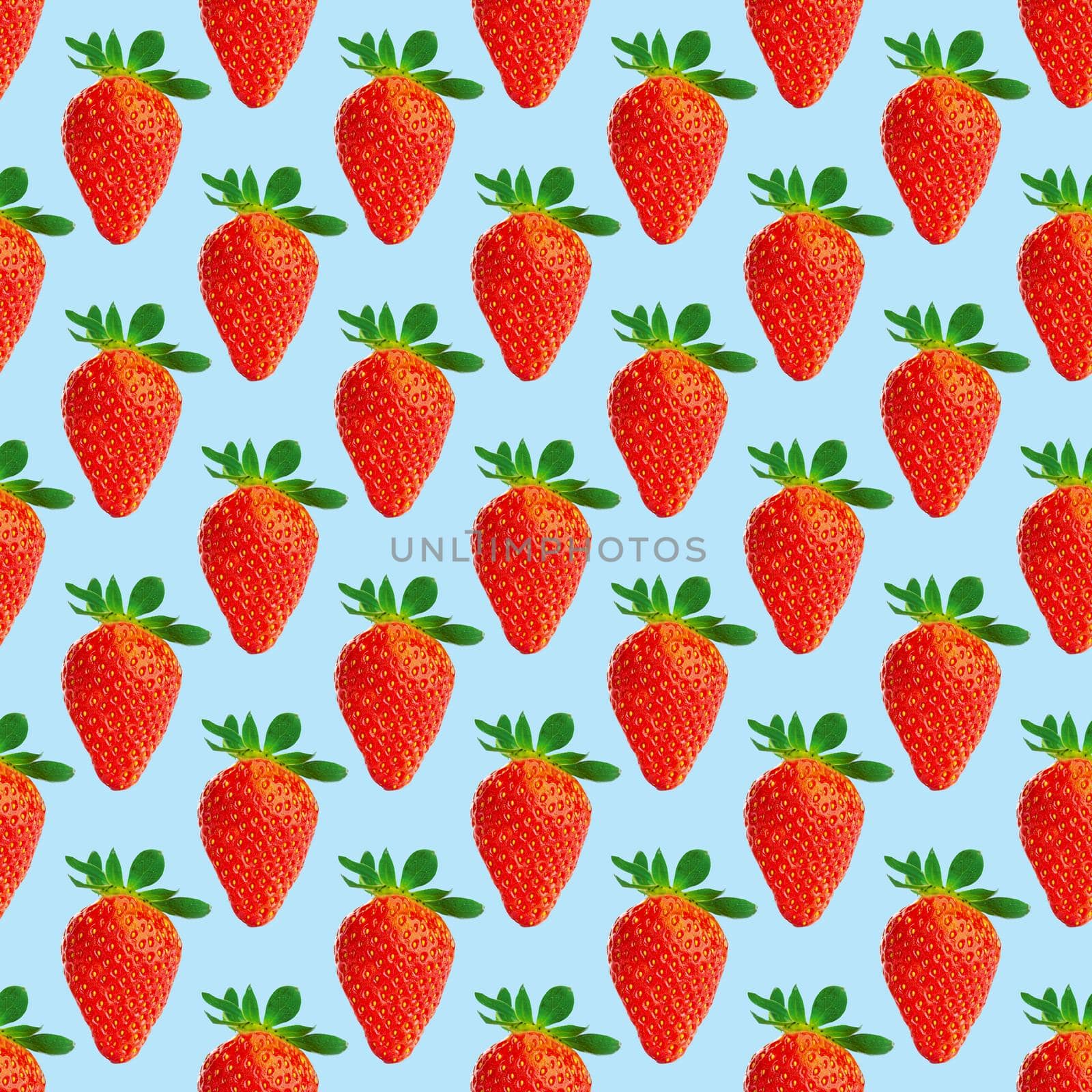 Strawberry seamless pattern. Ripe strawberries isolated on blue. package design background. by PhotoTime
