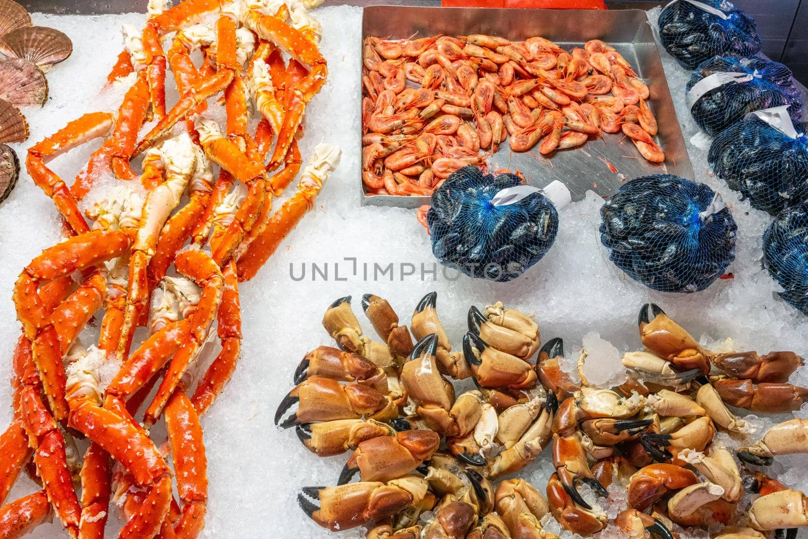 Prawns, clams and crabs for sale at a market in Bergen, Norway