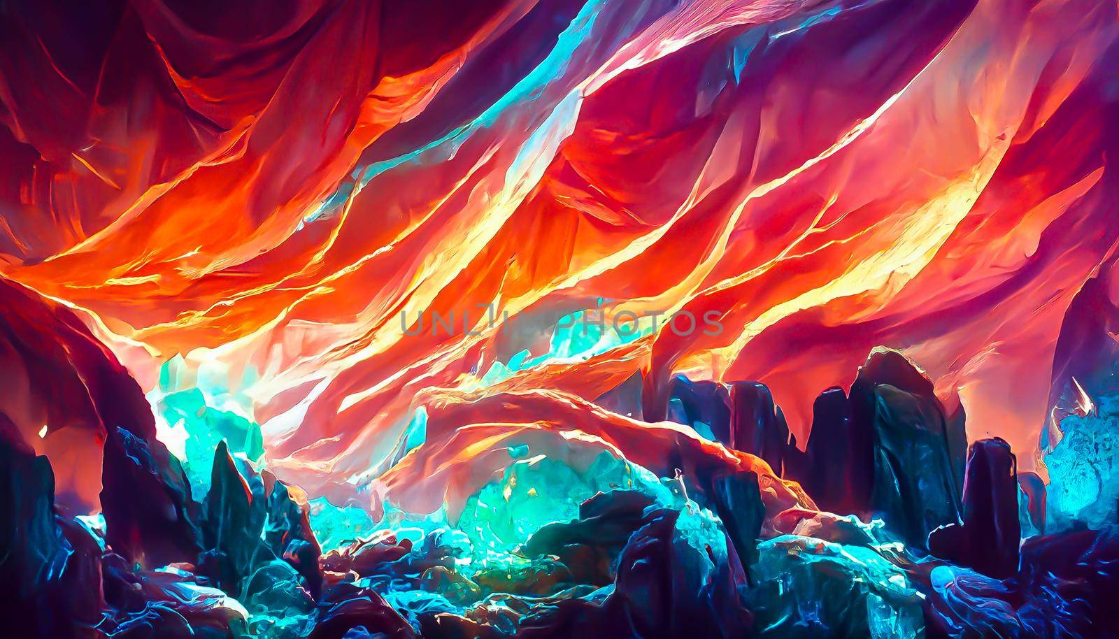 3D Render gemstone texture of the precious crystal background. Copy space. Colored shiny bokeh surface.