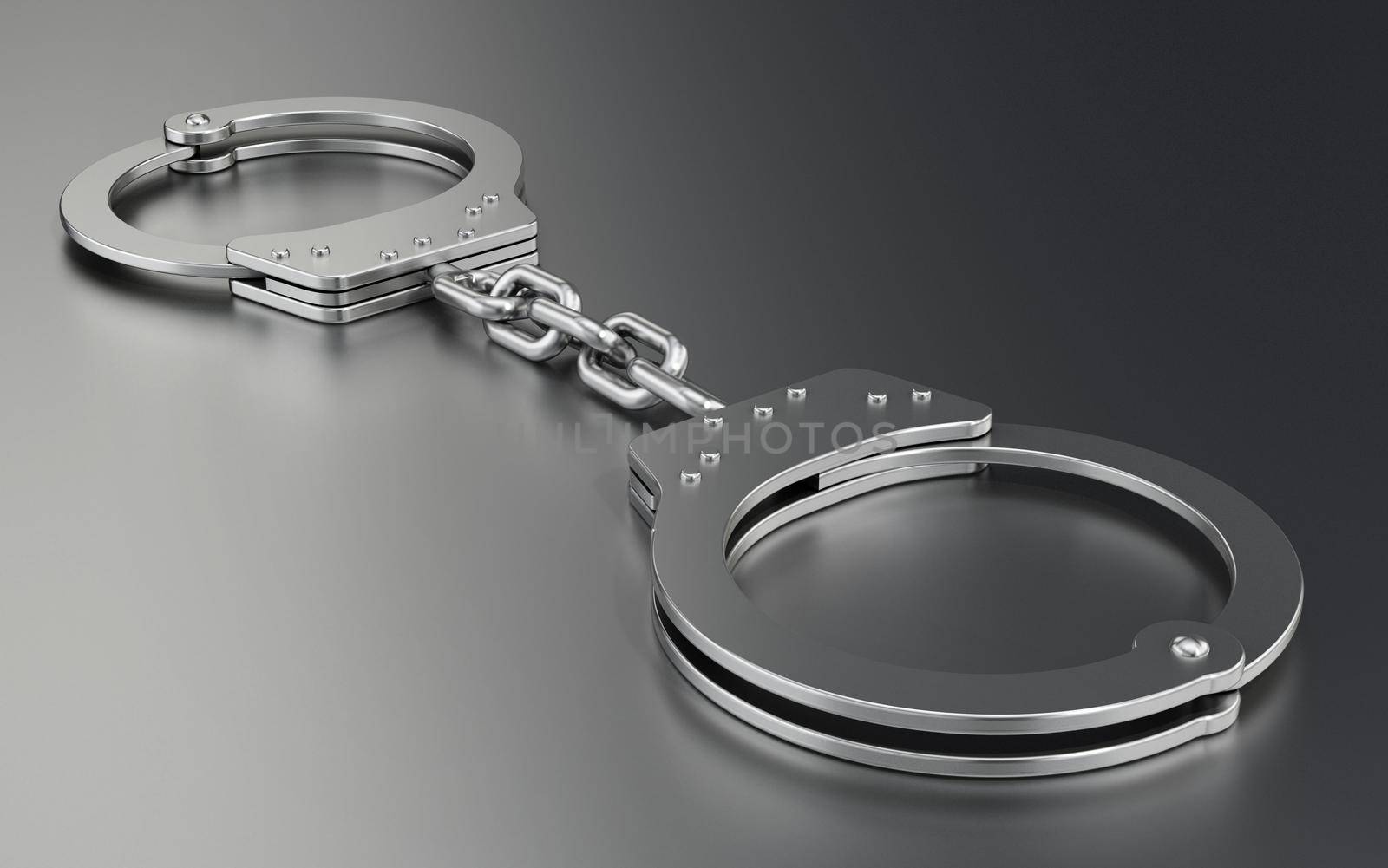 Handcuffs standing on gray background. 3D illustration.