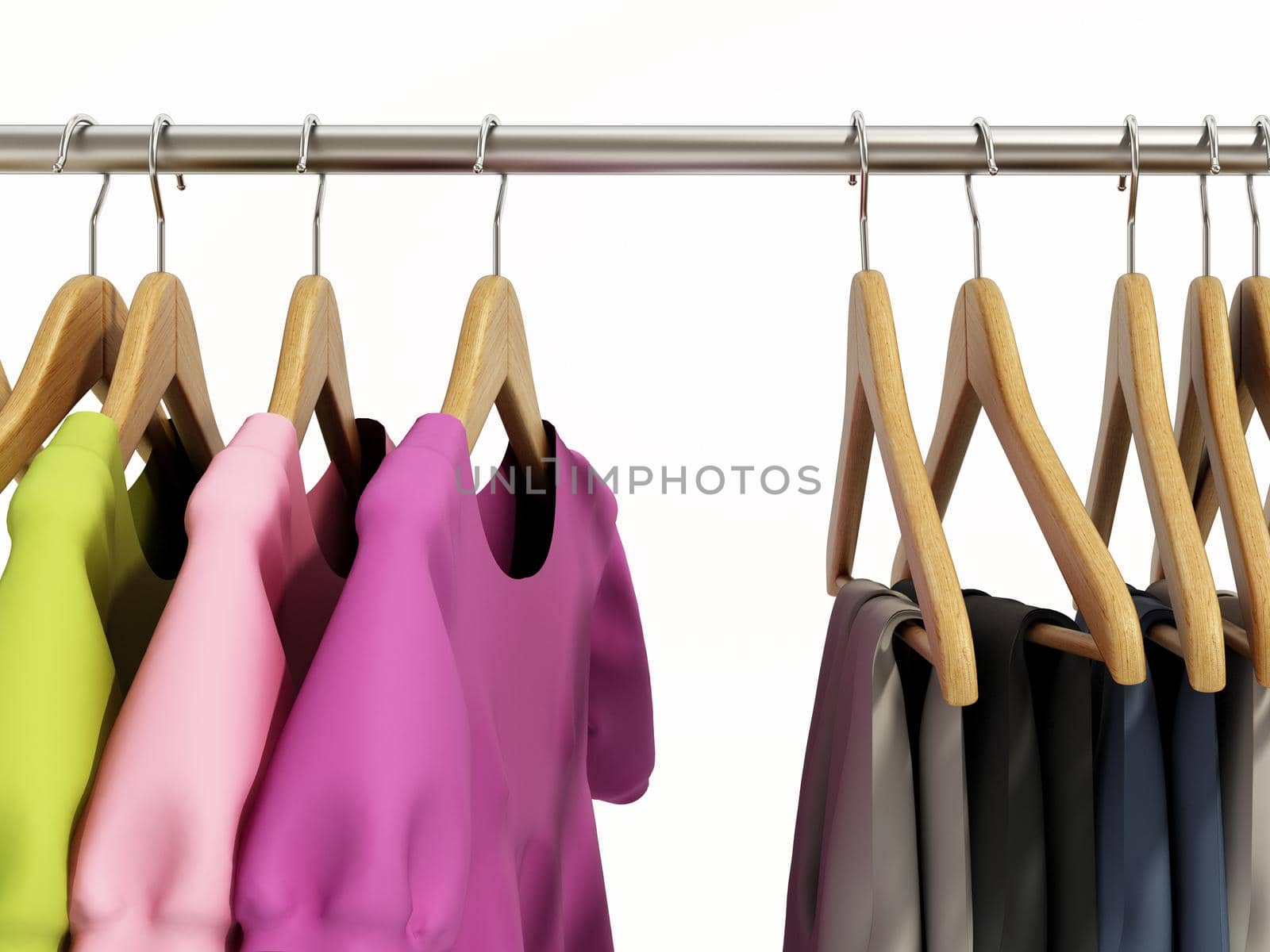 Wooden cloth hangers with clothes on the bar. 3D illustration.