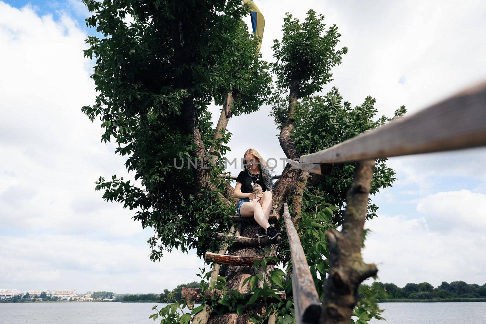 A young woman with a three-month-old Scottish Straight kitten sits on a beautiful green tree above the lake in summer. Walk, rest with a pet. The blonde is wearing shorts, a black T-shirt and glasses.