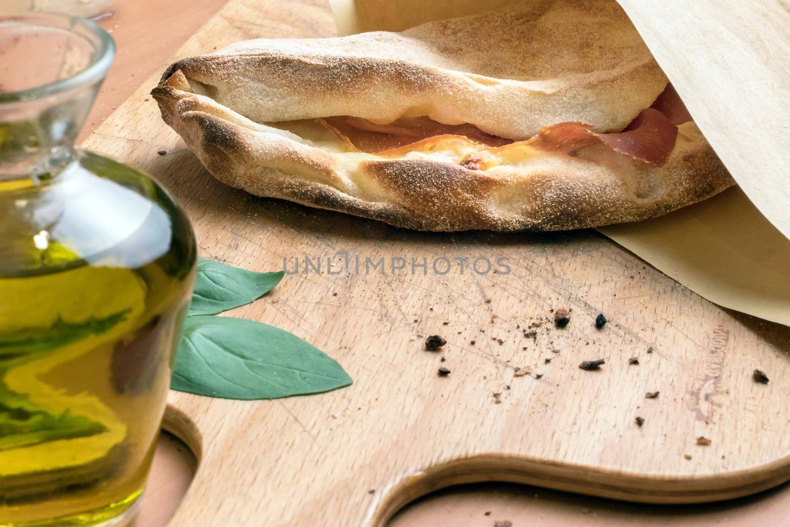 Pinsa romana and scrocchiarella gourmet italian cuisine. Traditional dish in italy.