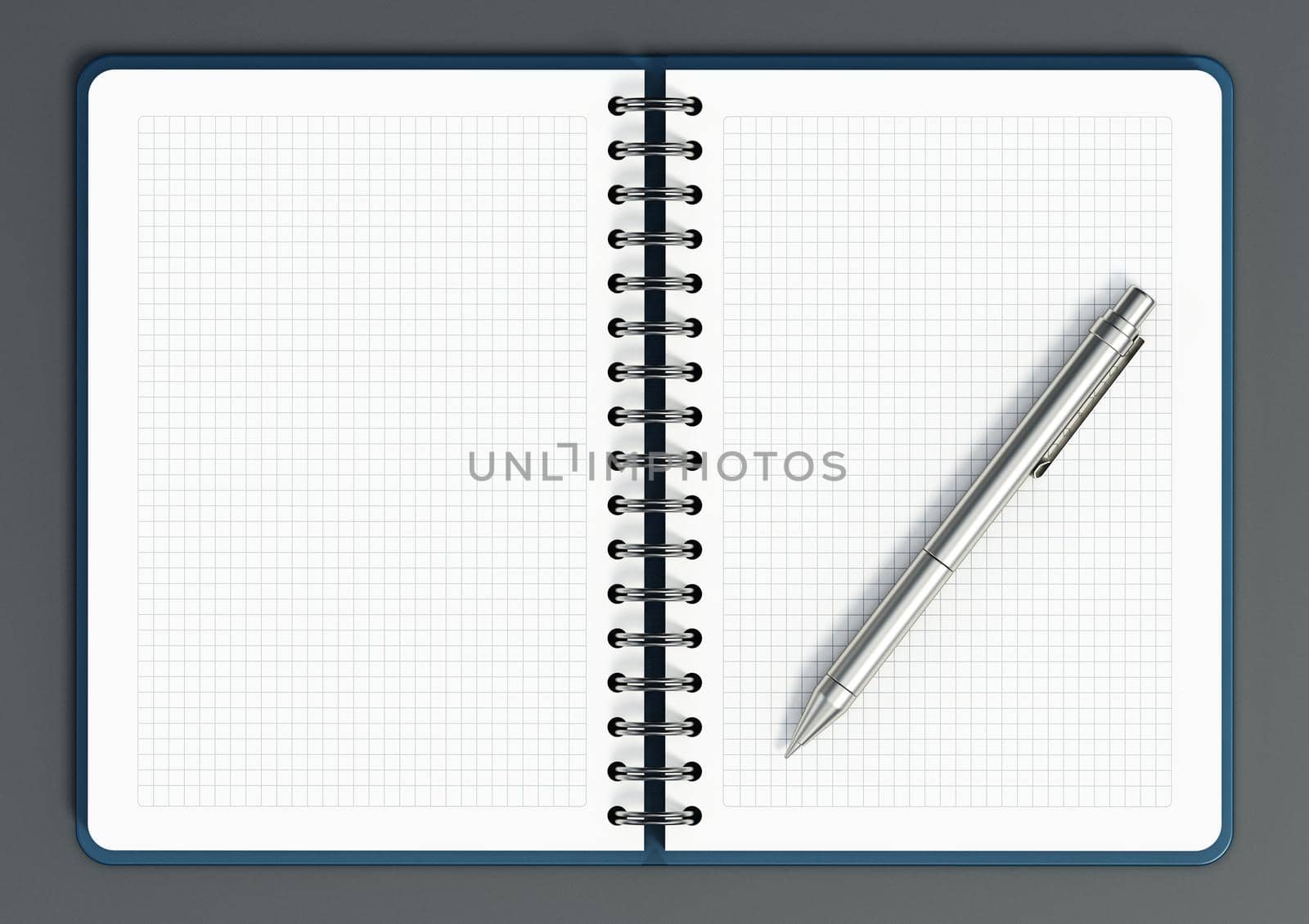 Spiral notepad with blank pages and ball point pen. 3D illustration by Simsek