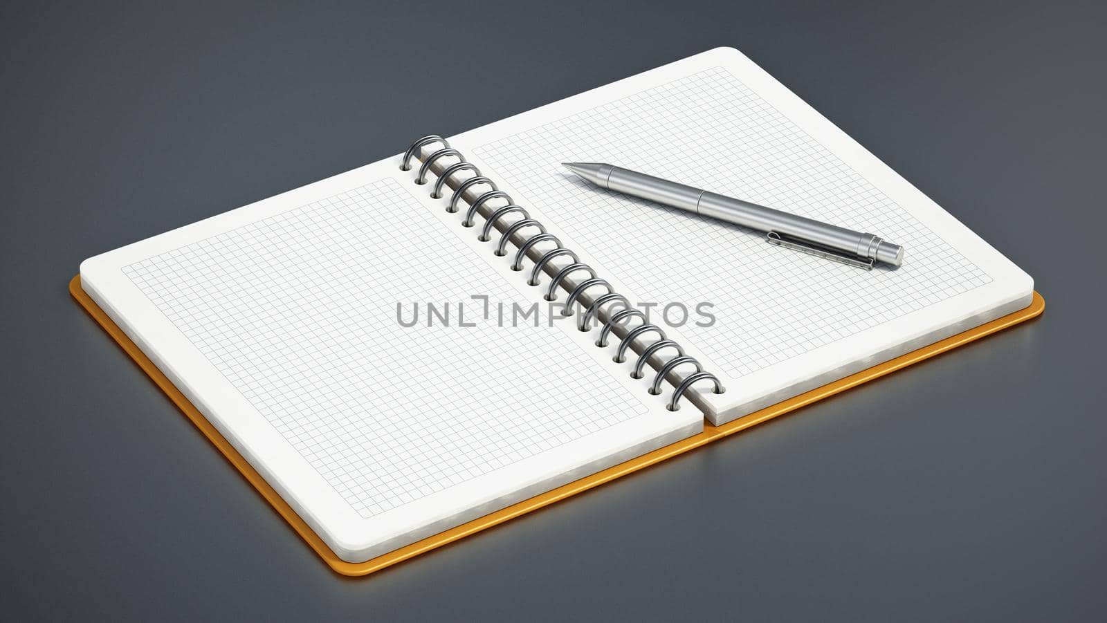 Spiral notepad with blank pages and ball point pen. 3D illustration by Simsek