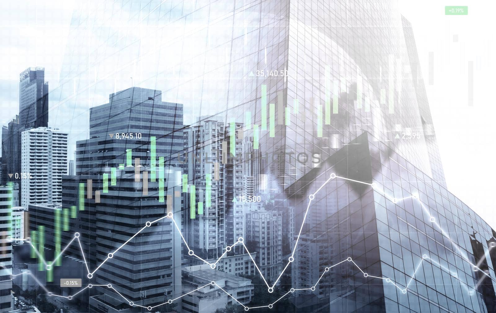 Stock market business concept. Financial graphs and digital indicators with modernistic urban area and skyscrapers as background. Double Exposure.