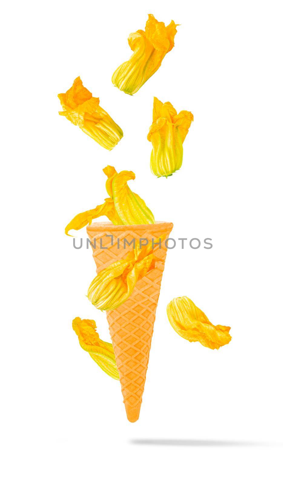 Courgette flowers in the air isolated on white background by Ciorba