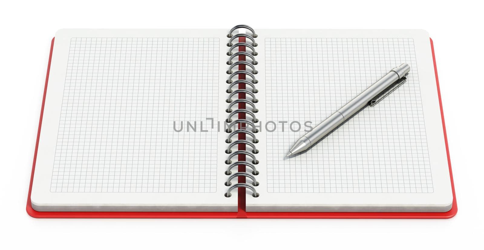 Spiral notepad with blank pages and ball point pen. 3D illustration by Simsek