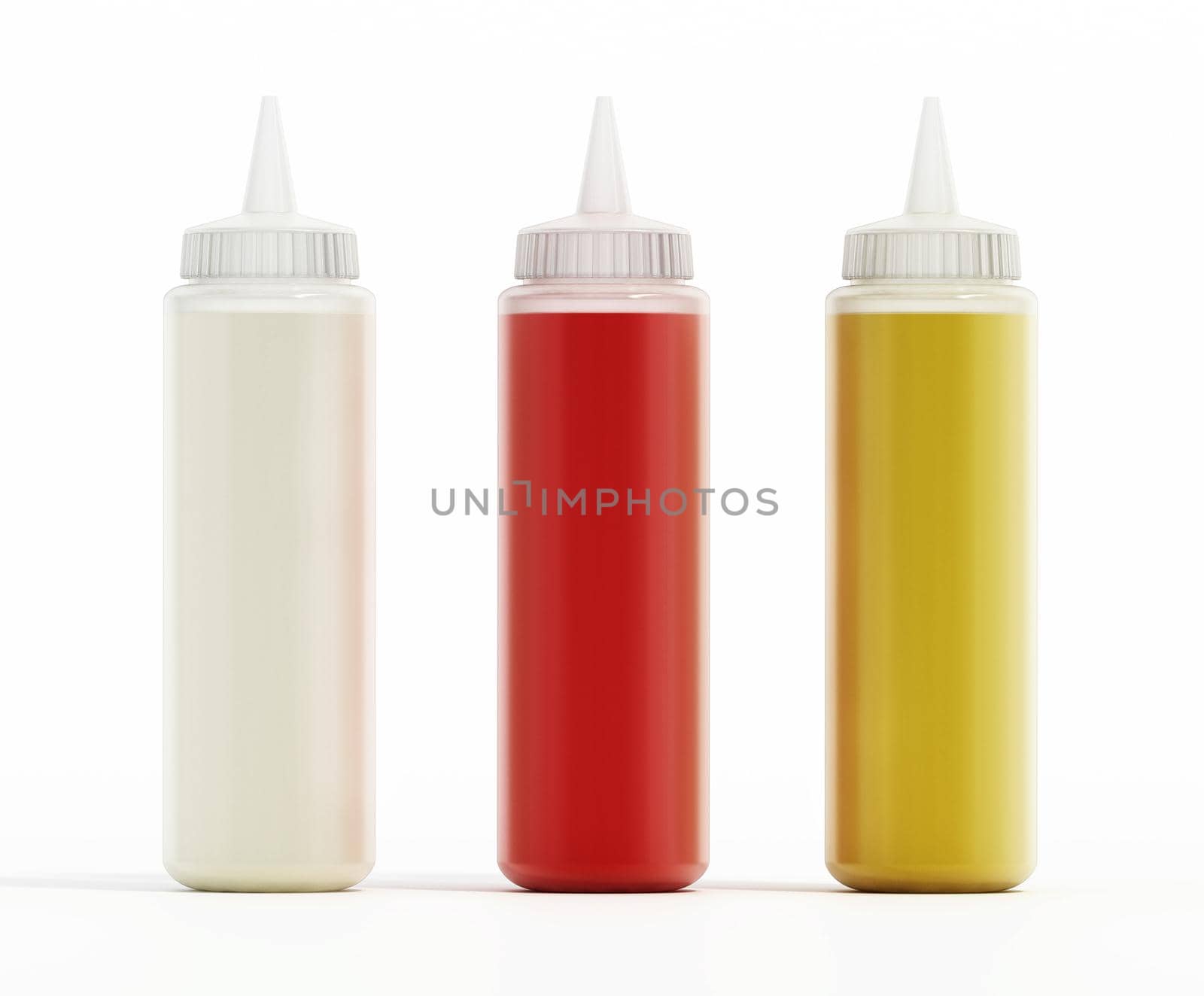 Various sauces inside plastic food squeeze bottles. 3D illustration by Simsek