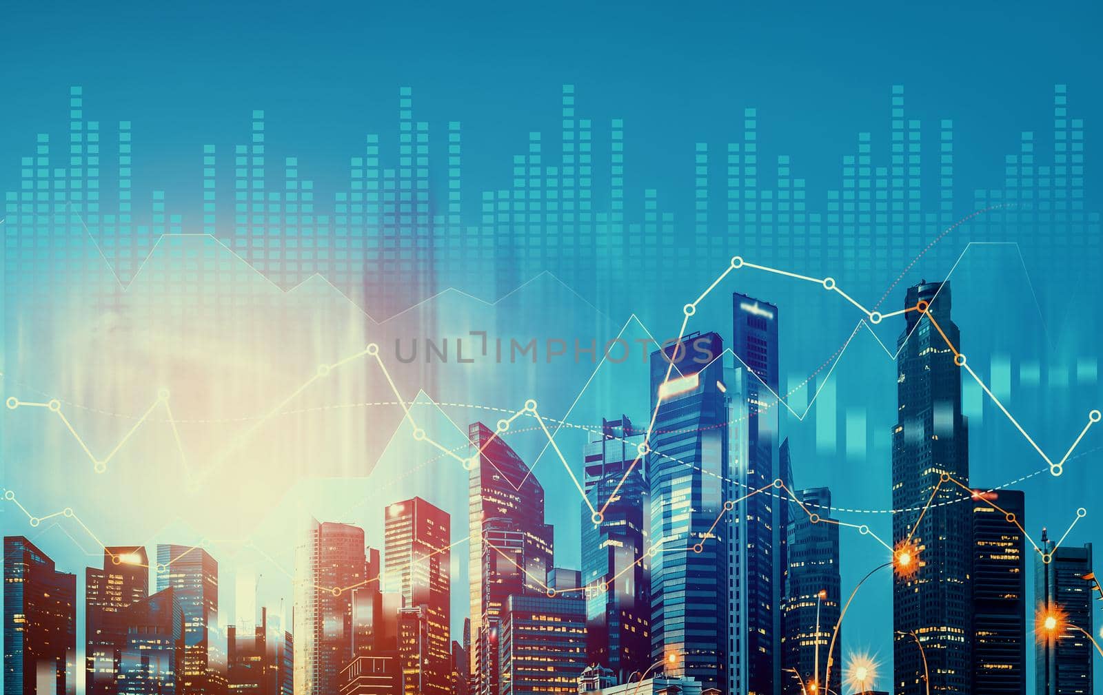 Stock market business concept. Financial graphs and digital indicators with modernistic urban area and skyscrapers as background. Double Exposure.