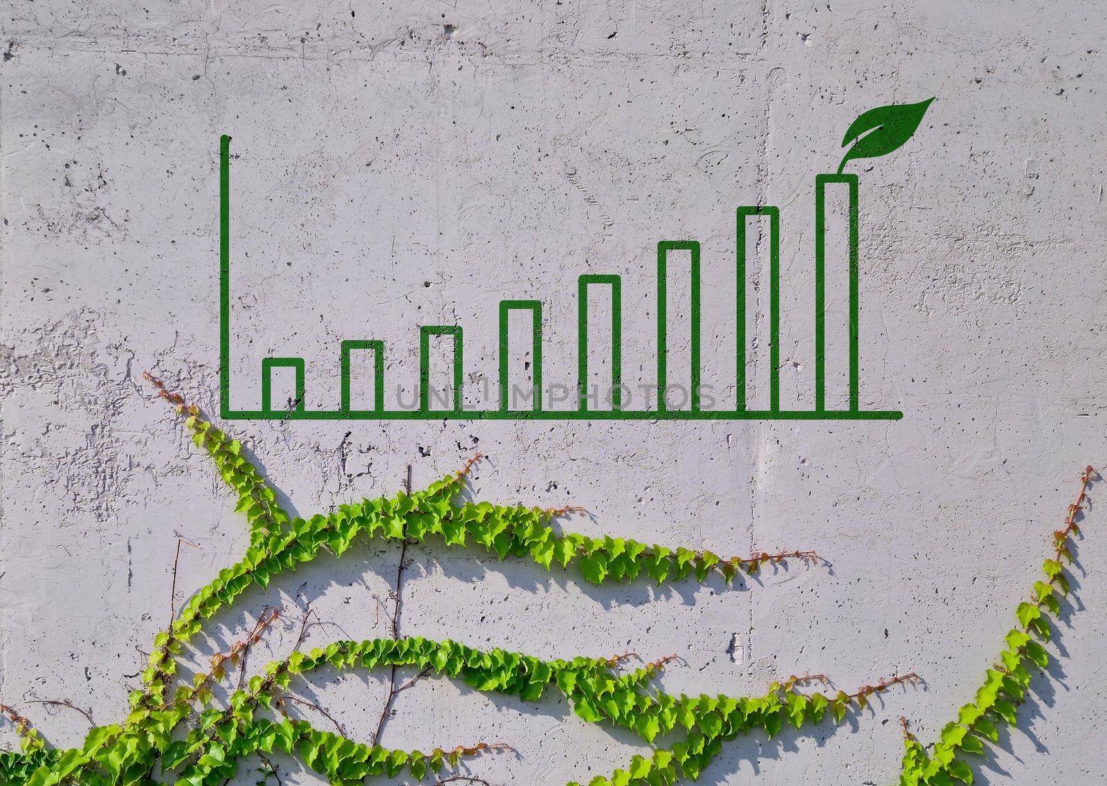 Business chart on concrete wall and leaves. Impact Investing concept.