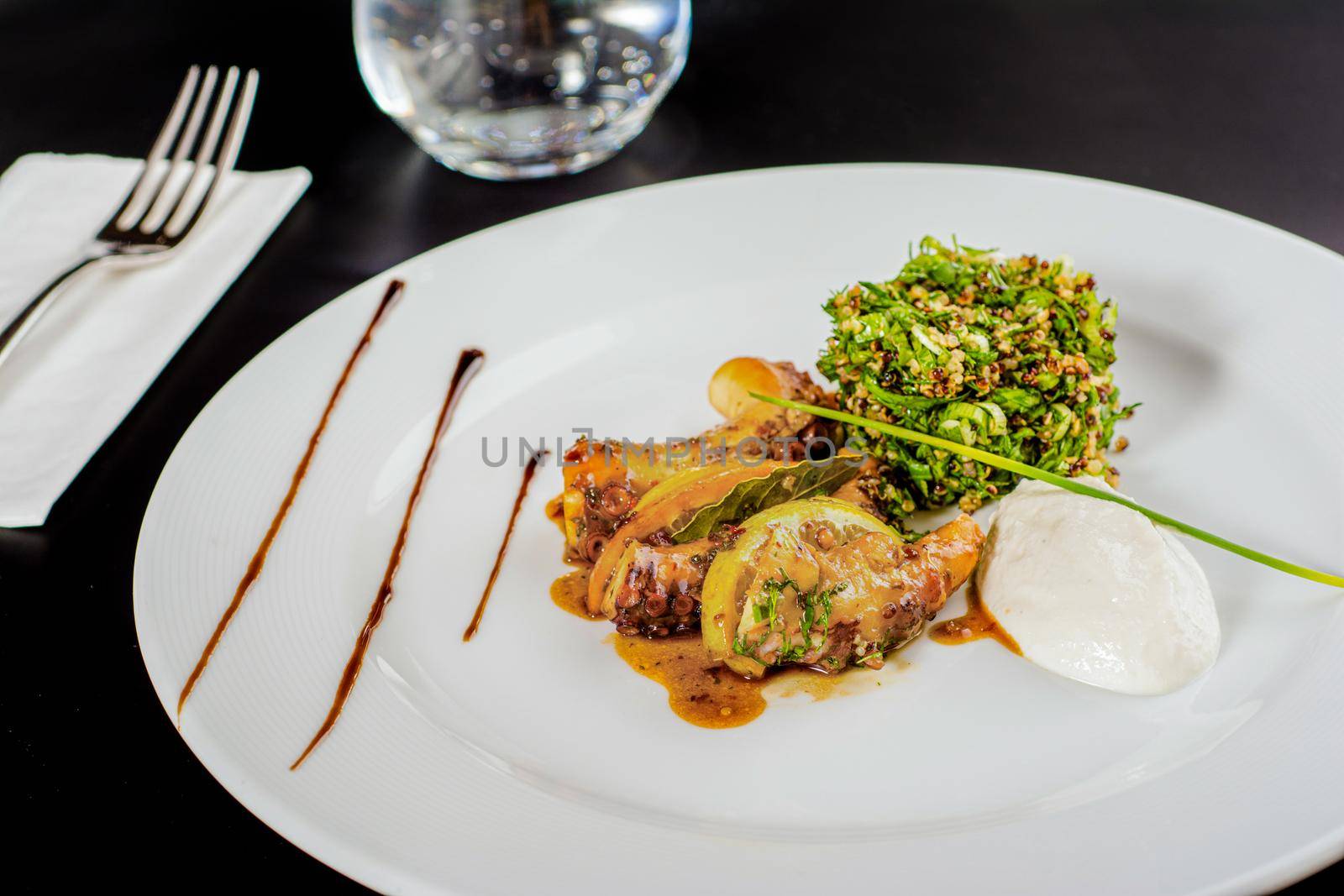 Grilled octopus with quinoa salad on a white porcelain plate. by Sonat