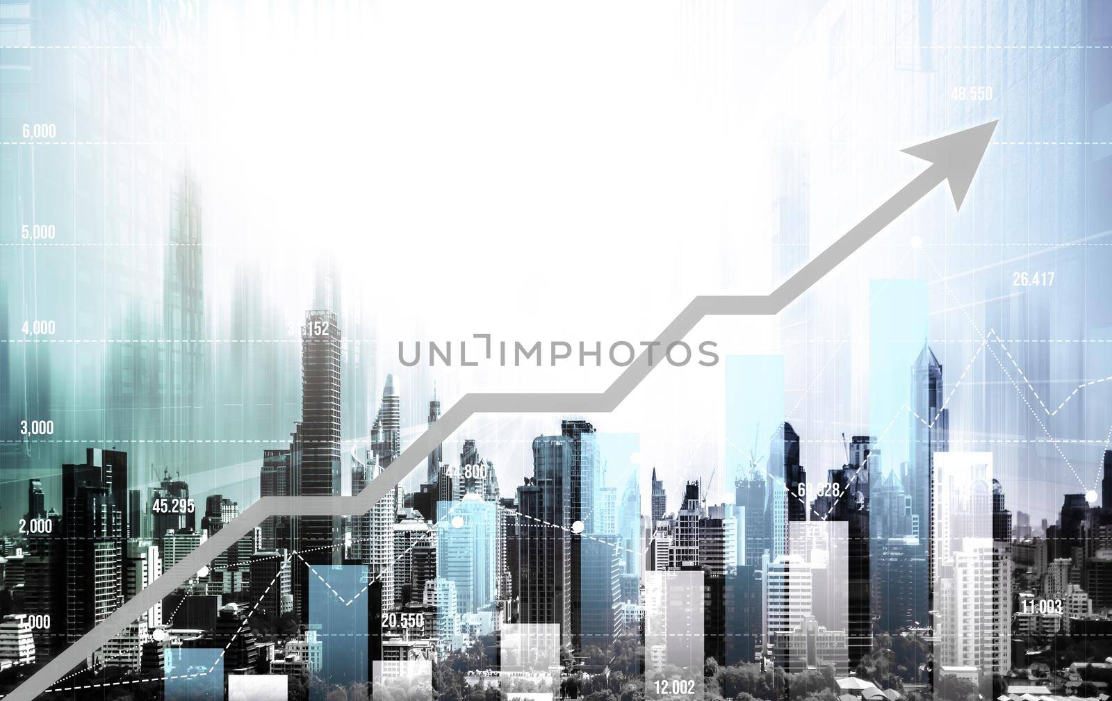 Digital screen and graph overlap modernistic cityscape for business concept. by biancoblue