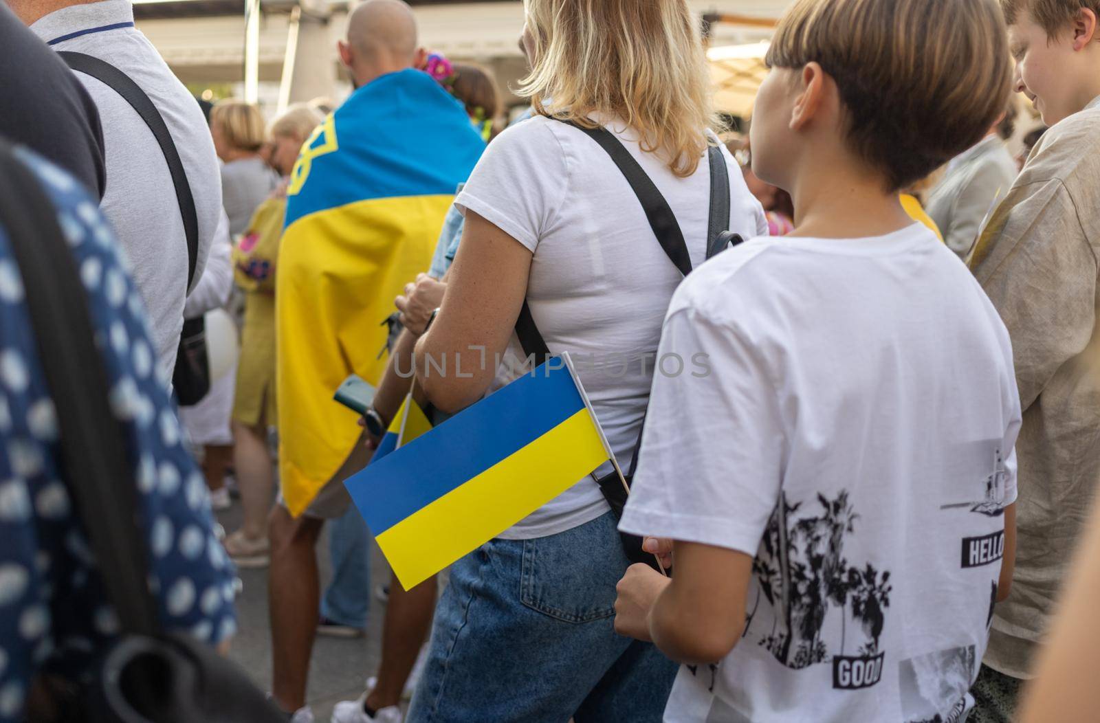 LJUBLJANA, SLOVENIA - August 24, 2022: Ukraine independence day meeting. People with flags and national symbols. High quality photo